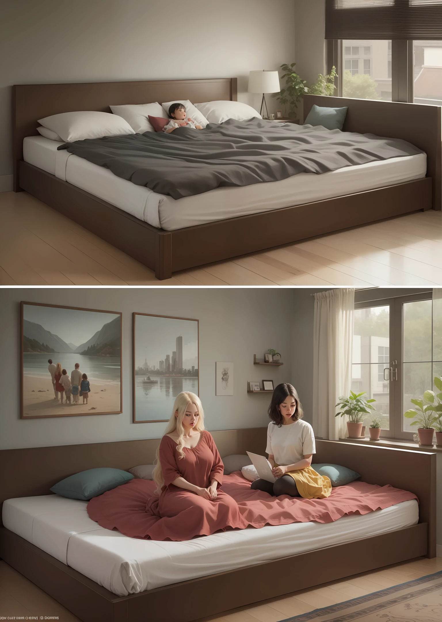 Prompts
Copy
2 giant size beds, including one that's super wide (12 feet), and another that's super long (9 feet), family with 10 member on the bed, in a modern style bedroom, Daytime, --auto --s2