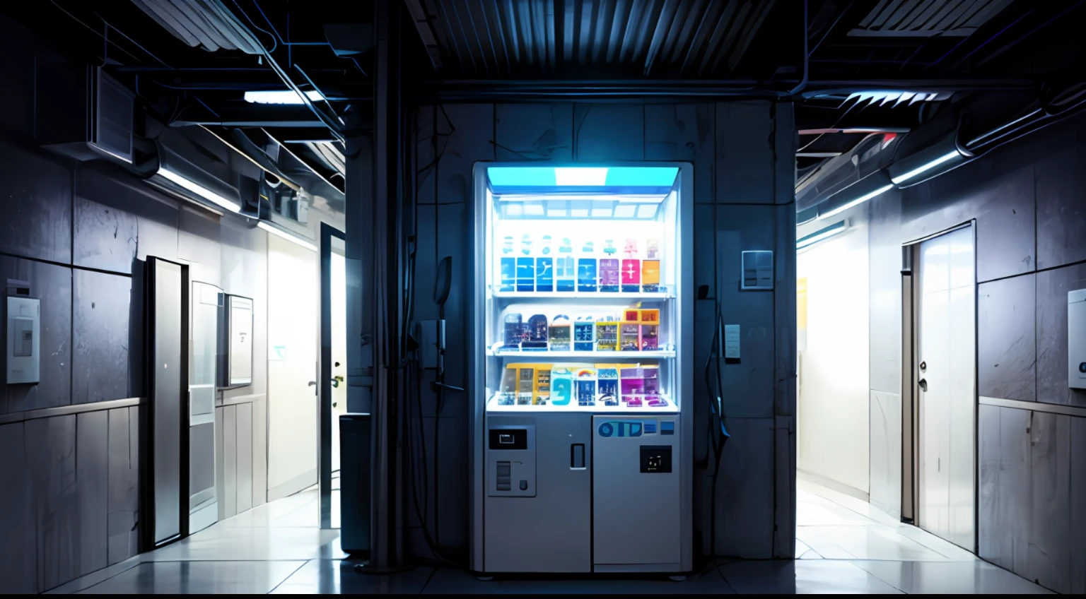 SCP-294 from SCP lore, appears to be a standard coffee vending machine, with an entry touchpad with buttons corresponding to an English QWERTY keyboard, in a basement's corridor, room SCP-055 appears to be populated by a large technology neon light source. Keyframe visuals, detailed, high quality, sharp focus, D&D, trending on ArtStation, 8K
