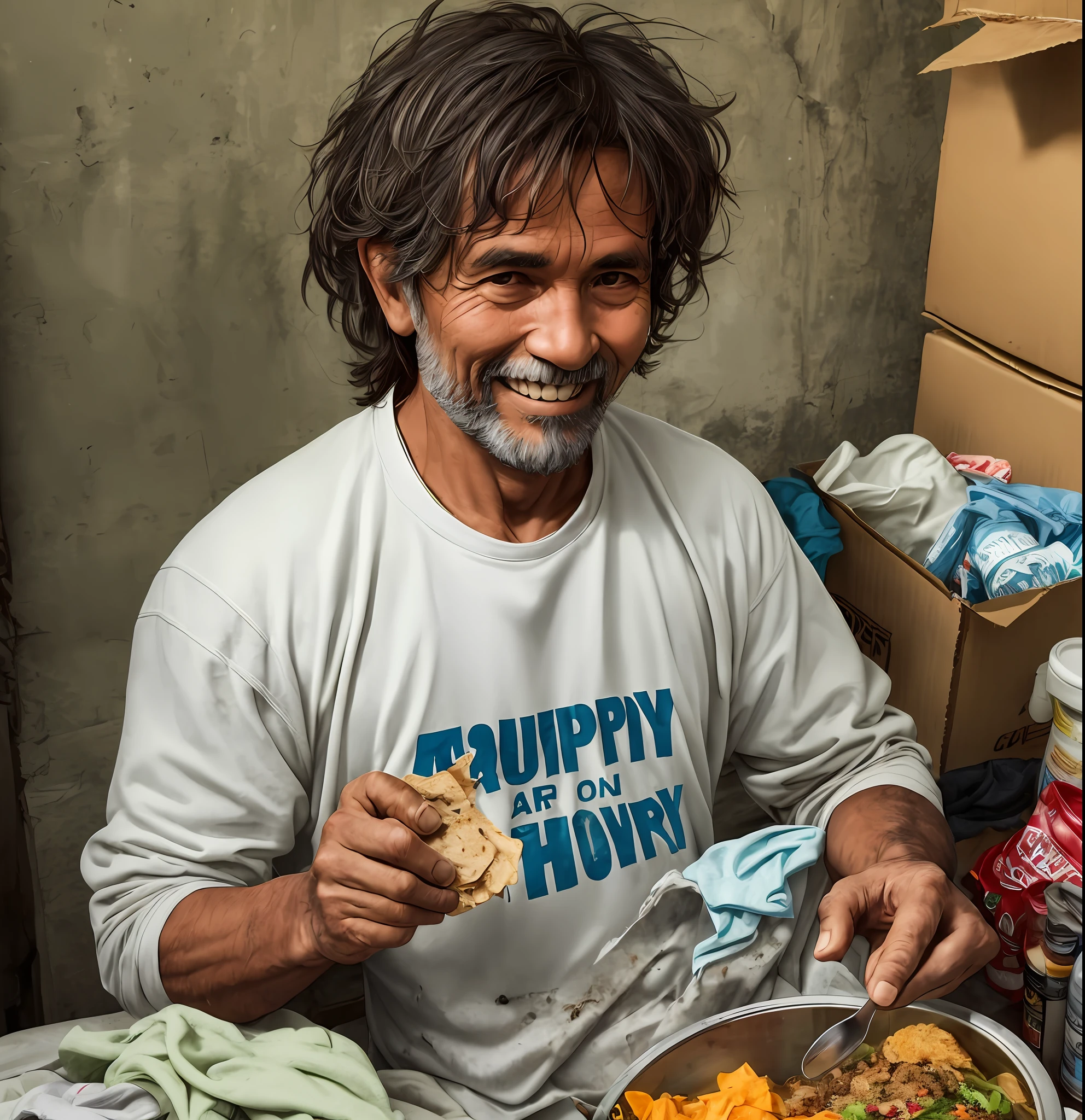 man in a charitable gesture gives food to a poor gentleman who is hungry, careless, with messy hair, dirty, dirty clothes, dirty place, with a happy smile.realistic.moving image --auto --s2
