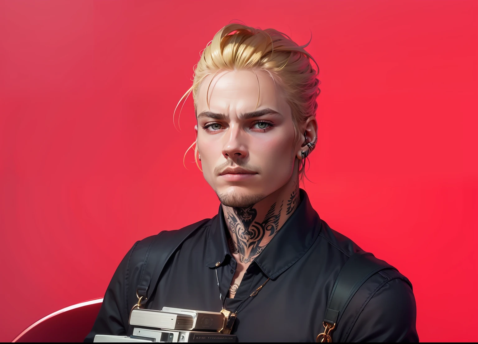 realista, mais parecido possivel com a foto, gold cord on the neck, straight blonde hair and neck tattoo --auto