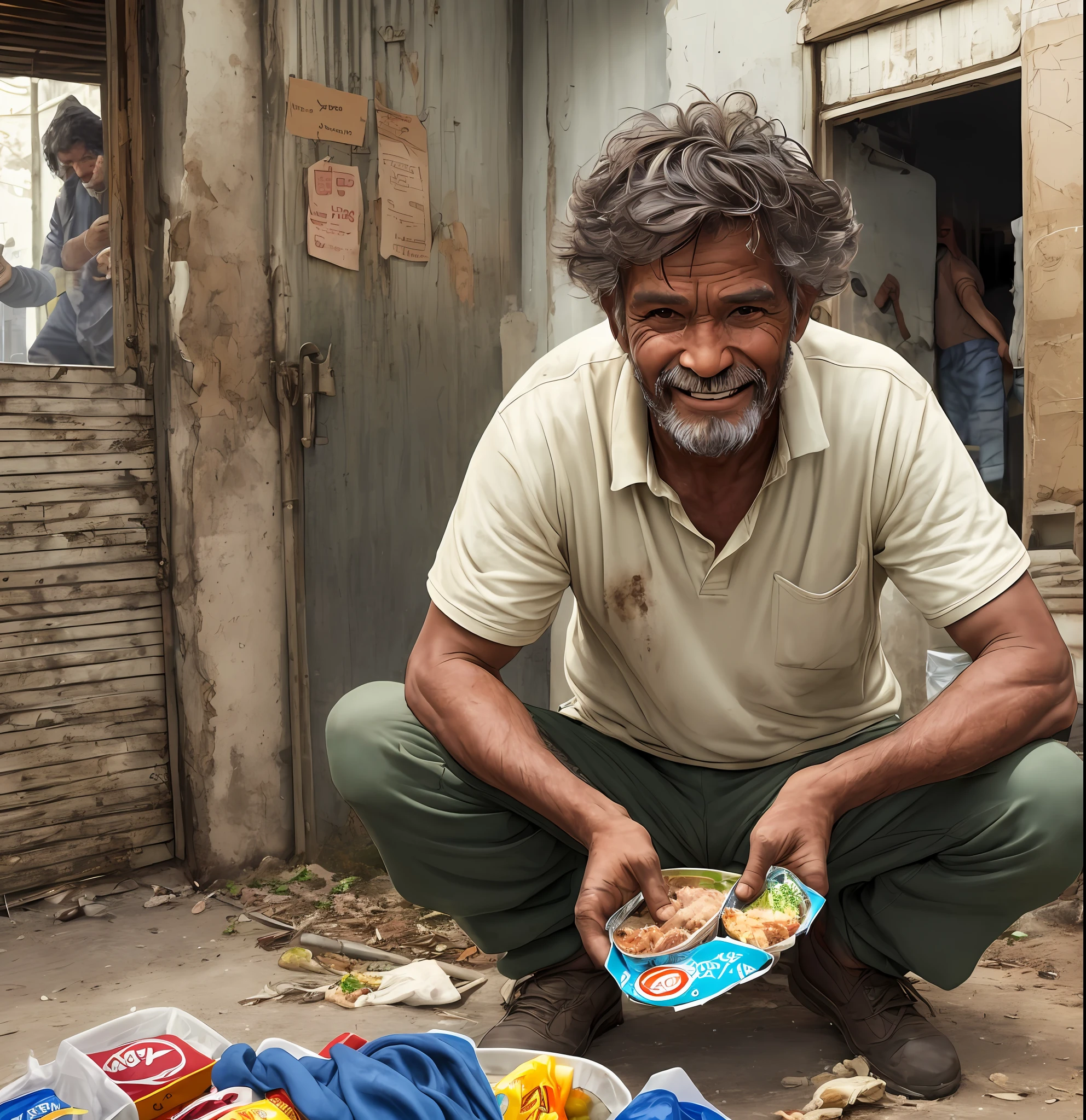 man in a charitable gesture gives food to a poor gentleman who is hungry, careless, with messy hair, dirty, dirty clothes, dirty place, with a happy smile.realistic.moving image --auto --s2