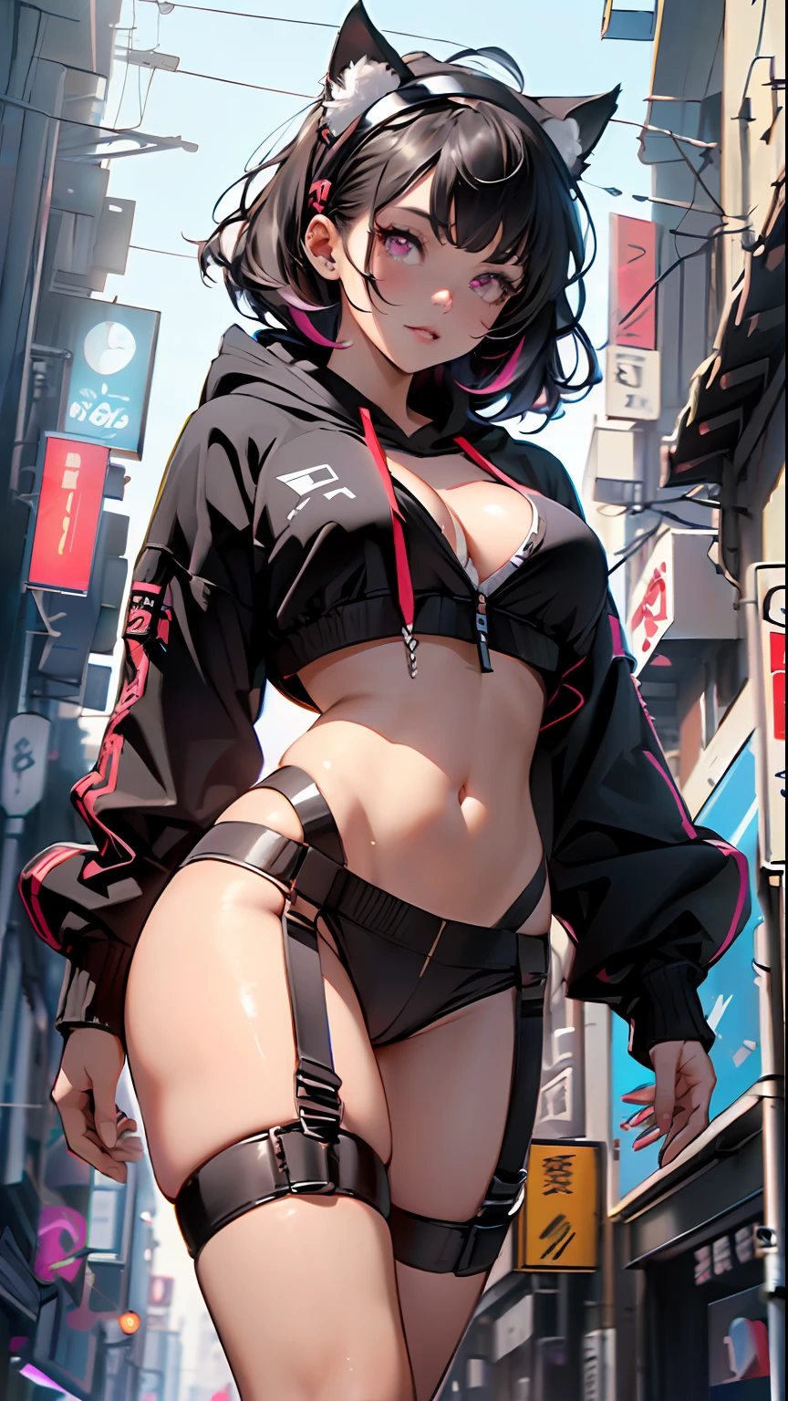 girl spacepunk, (1 girl:1.3), ((1 anime girl with extremely cute and beautiful black hair artificial cat ears walking seductively down the street)),
(large breasts:1.4), saggy breasts, (((black wavy bob hair:1.35, bangs;1.35 messy hair, bangs;1.35, colored inner hair, ear breathing))), (((artificial cat ears, artificial cat ears on head, big cat ears))), ((pink eyes:1.3, upturned eyes:1.3, perfect eyes ,beautiful detailed eyes, rainbow glows ultra-detailed deep pink purple eyes:1.1, gradient eyes:1, finely detailed beautiful eyes:1, symmetrical eyes:1, big highlight on eyes:1.2)), (fat:1.2), 7.5 life size, (((lustrous skin:1.5, bright skin: 1.5, skin tanned, shiny skin, very shiny skin, shiny body, plastic glitter skin, exaggerated shiny skin))), (spider lower abdomen, narrow waist, wide hip, athletic body, inflated legs, delicate detailed fingers, detailed body, detailed arms, human hands, detailed hands,),
cute, slutty, seductive, erotic, nsfw,
zettai ryouiki, revealing clothing, show skin, ((((underboob)))), (wearing a mechanical space body armor:1.3, mechanic thongs, bare legs), ((((crop top hoodie, cropped hoodie, hoodie))), (detailed outfit, detailed clothes),
(dynamic pose:1.0), solo focus, embarrassed, centered, scale to fit dimensions, Rule of thirds,
outdoors, (cyberpunk Background: 1.5, detailed background:1.25),
(Isometric: 1.0), double exposure, (masterpiece, best quality:1.3), (highres:1.5), absurdres, ultra detailed, cinematic light, realistic, ultra-realistic, high contrast, extraordinarily nice, vibrant colors, (intricate), HDR (High Dynamic Range),Ray Tracing,NVIDIA RTX,Super-Resolution,Unreal 5,Subsurface dispersion, PBR texture, Post-processing, Anisotropic filtering, Depth of field, Maximum clarity and sharpness, Multilayer textures, Albedo and specular maps, Surface shading, Accurate simulation of light-material interaction, Octane Render, Two-tone lighting, Wide aperture, Low ISO, White balance, 8K RAW, Saturation boost,