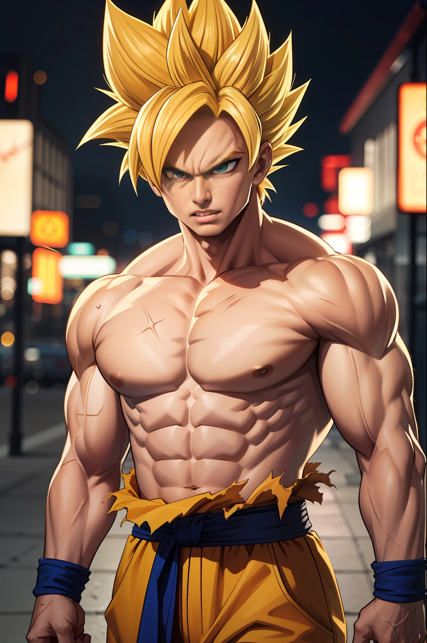 (masterpiece, best quality), intricate details, 8k, artstation, wallpaper, official art, splash art, storm in background, sharp focus, 1boy, (photorealistic:1.2) (bokeh) (best quality) (detailed skin:1.3) (intricate details) (8k) (detailed eyes) (sharp focus) son goku, angry, battle damage, blonde hair, blue sash, clenched teeth, furious, green eyes, male focus, muscular, muscular male, pectorals, sash, solo, spiked hair, super saiyan, super saiyan 1, teeth, topless male, torn clothes, wristband,