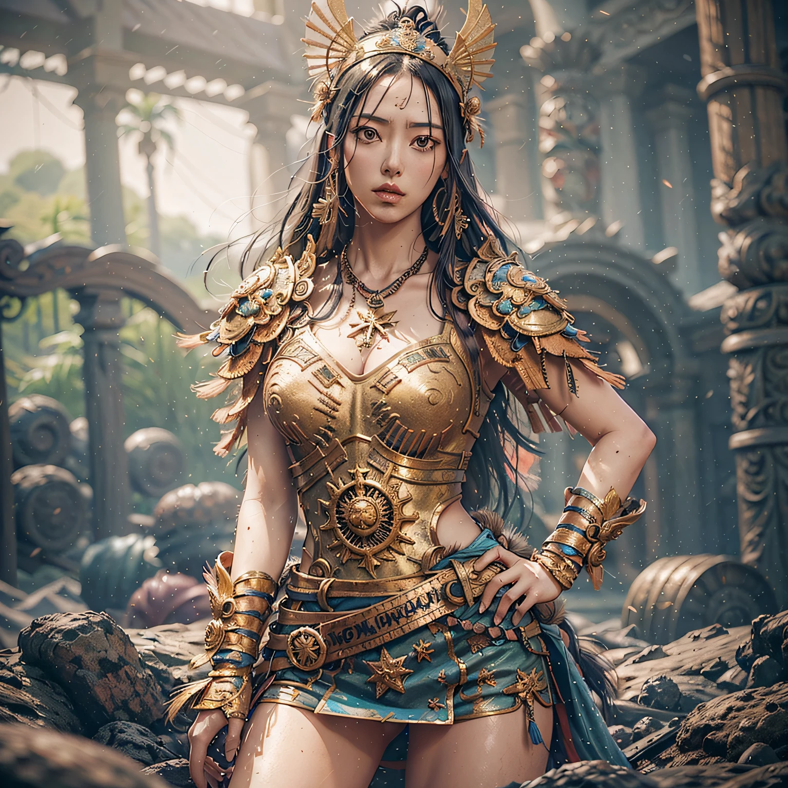 in the style of white snake,Aphrodite , full body potrait blended with spider, of a photorealistic beautiful seductress, messy hair, in a greek garden, exotic white and gold villain dress, choker style colar, bright color eyes, full body, dark fantasy, flowers, sun rays, overcast --auto