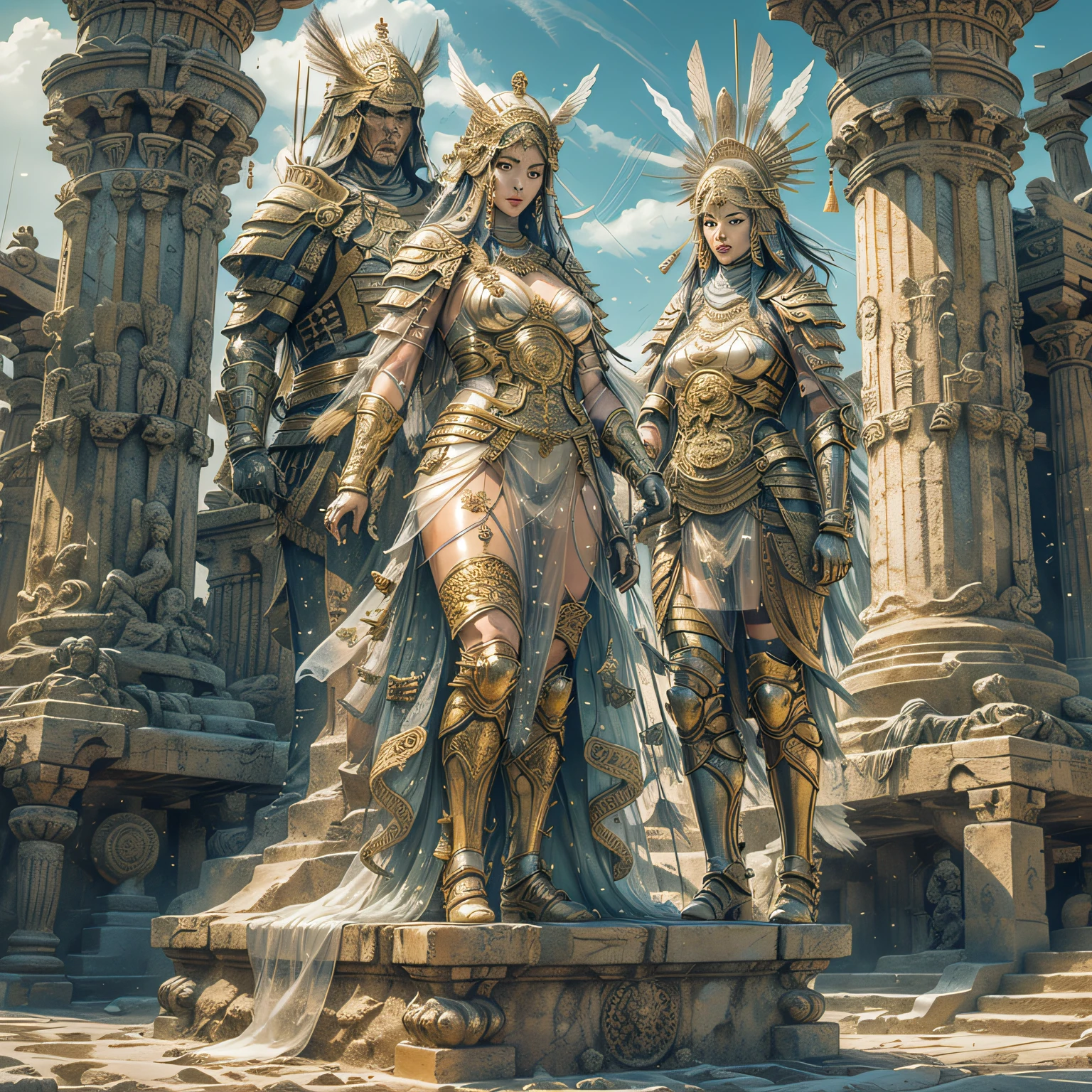 in the style of white snake,Aphrodite , full body potrait blended with spider, of a photorealistic beautiful seductress, messy hair, in a greek garden, exotic white and gold villain dress, choker style colar, bright color eyes, full body, dark fantasy, flowers, sun rays, overcast --auto