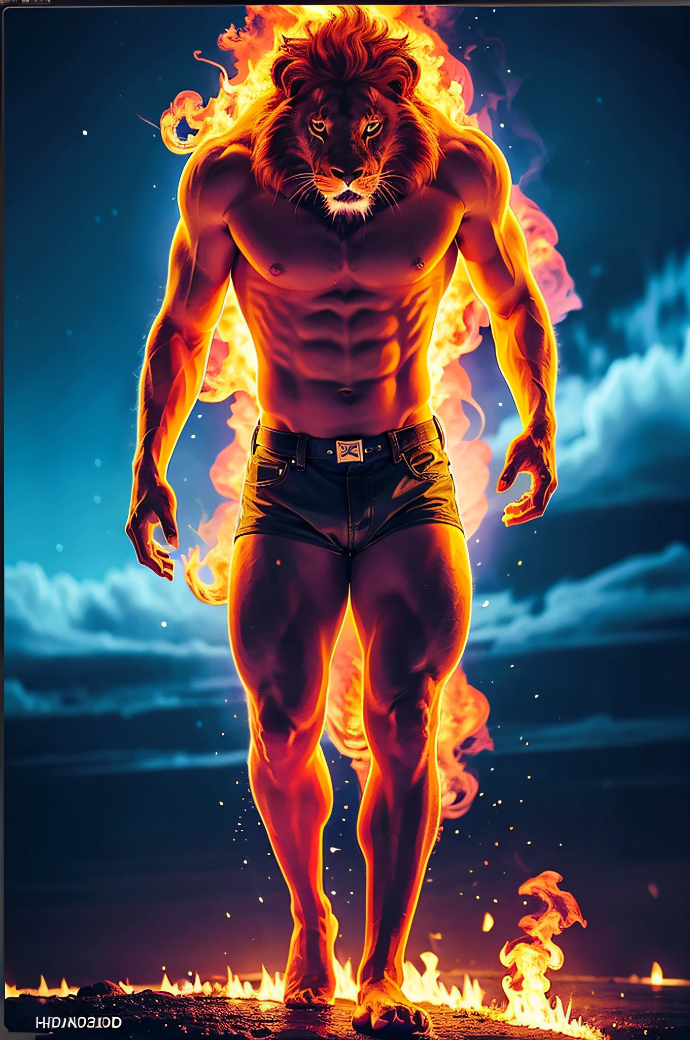 a running lion on fire,(redfire:1.3), good hand,32k, Ultra Wide Angle, CANON, 600mm lens, high-res, a masterpiece of, best quality, head:1.3,((Hasselblad photography)), sharp focus, (cinematic lighting), 鎖骨, dark night, Cyberpunk lights，dynamic angle，[:(Detail:1.2):0.2]，outside，The city of the future，one color background，