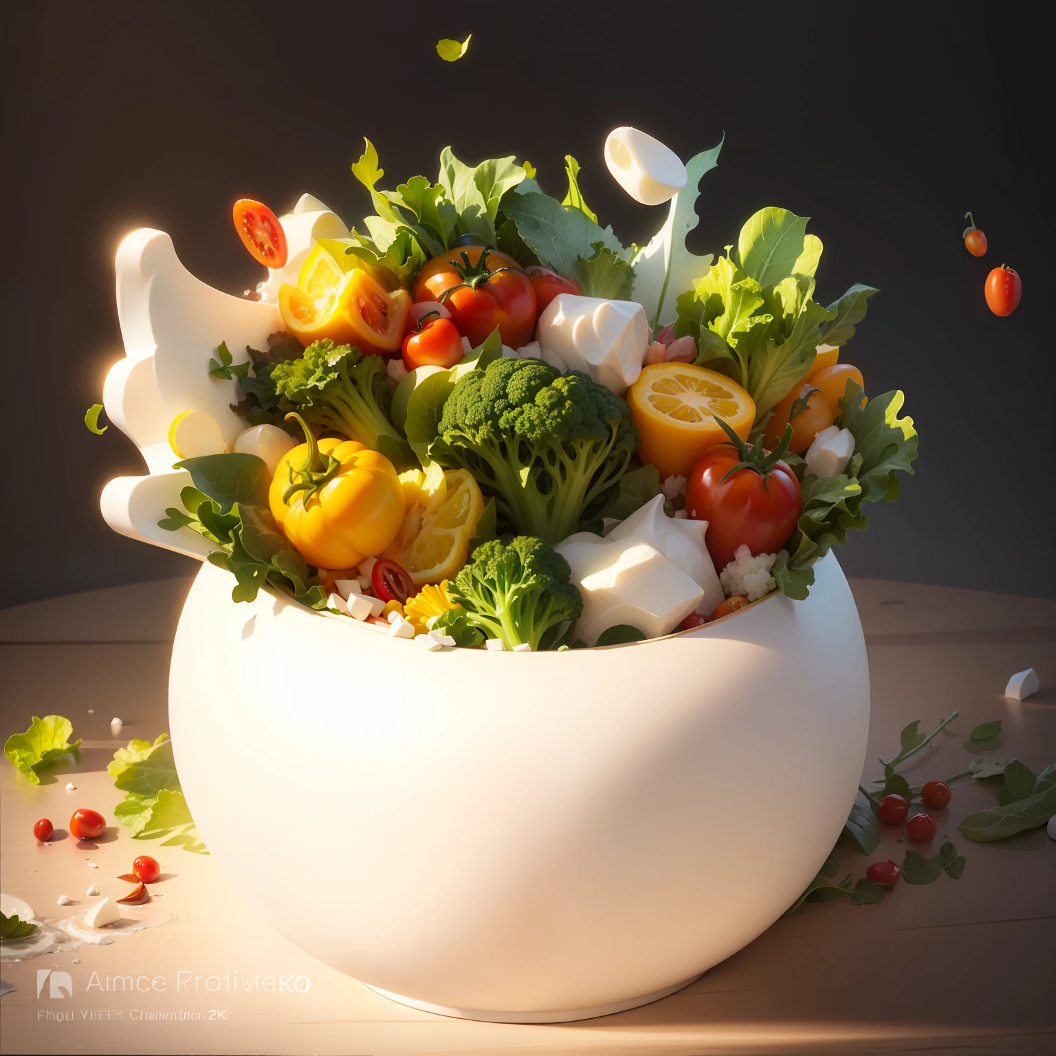 8K illustration of a realistic round white styrofoam marmitex filled with refreshing salads with lettuce,tomatoes,broccoli,cherry tomatoes,yellow peppers,green parsley stalk,mint leaves hyperrealistic wave of vegetables exploding out of it. Use vibrant shades of red, yellow, light green, dark green, red, purple, yellow waves to intricately represent splashes and explosions of paint, creating a scene full of energy and movement and explosion,8k --auto