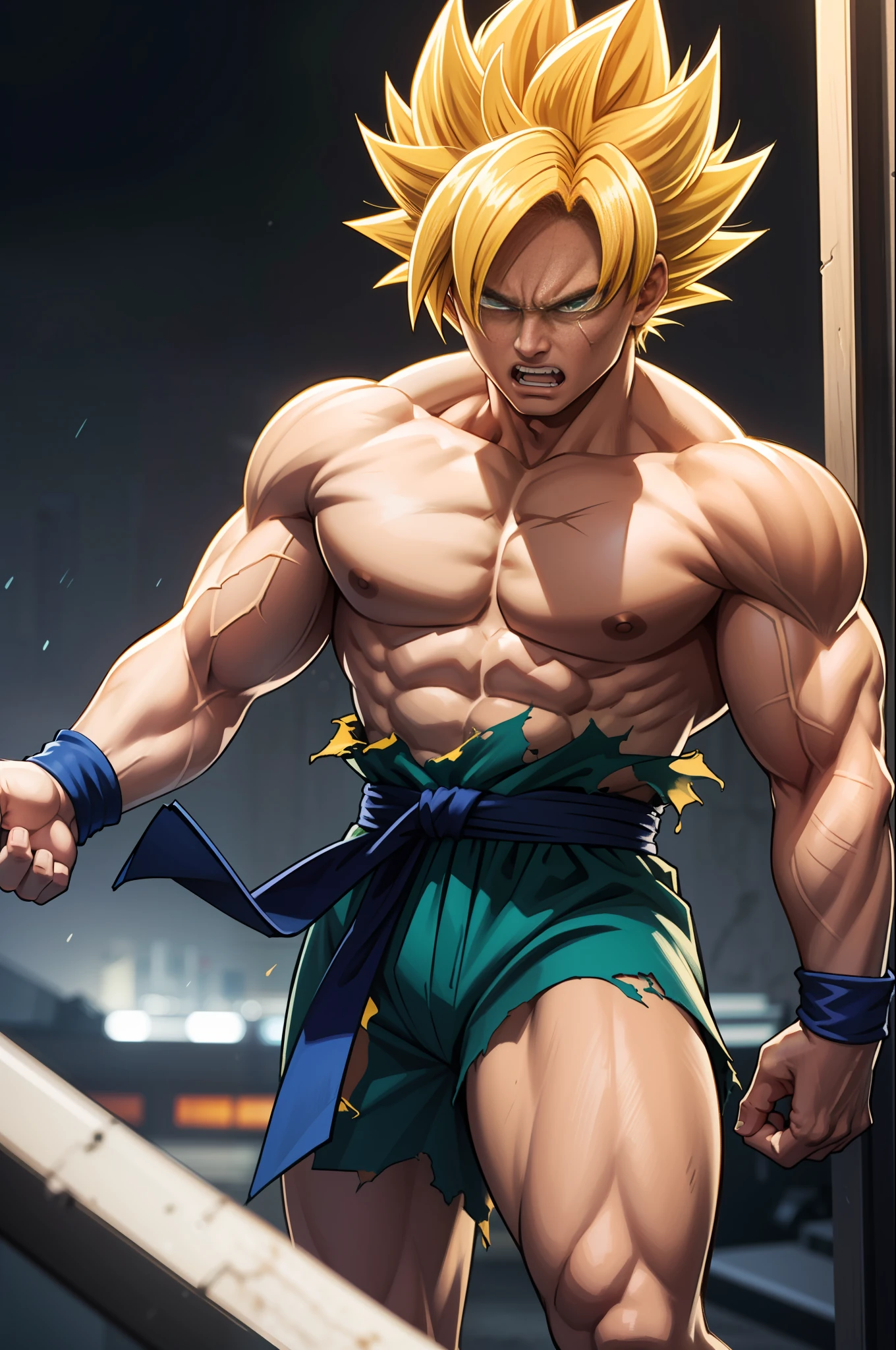 (masterpiece, best quality), intricate details, 8k, artstation, wallpaper, official art, splash art, storm in background, sharp focus, 1boy, (photorealistic:1.2) (bokeh) (best quality) (detailed skin:1.3) (intricate details) (8k) (detailed eyes) (sharp focus) son goku, angry, battle damage, blonde hair, blue sash, clenched teeth, furious, green eyes, male focus, muscular, muscular male, pectorals, sash, solo, spiked hair, super saiyan, super saiyan 1, teeth, topless male, torn clothes, wristband,
