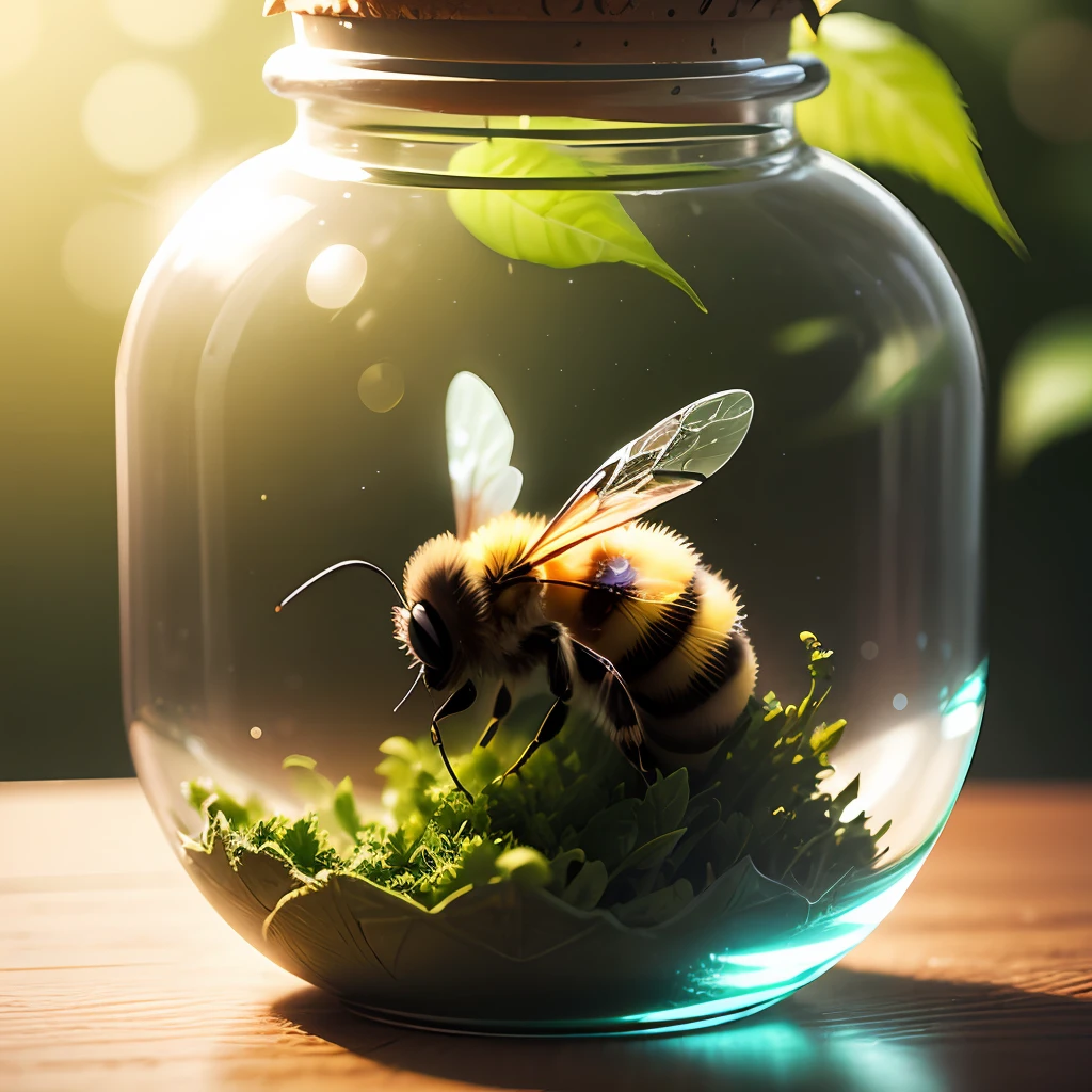 Bee flying out of a glass jar in a green and red leafy basket, glass and lens flare, diffuse lighting elegant --auto