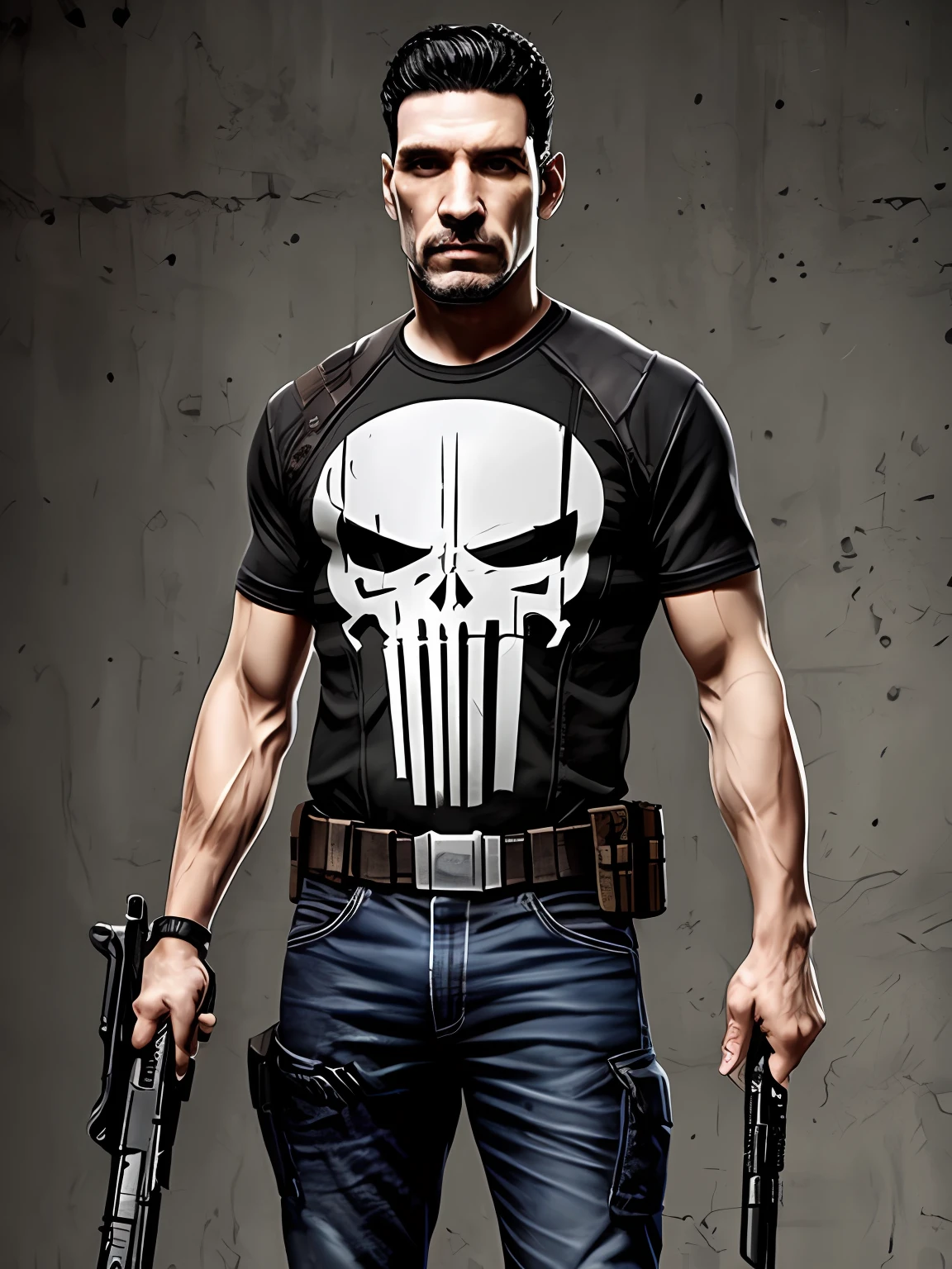 foto realista the punisher caveira na camisa com aparencia jovem rua escura sombria cena intrigante --auto