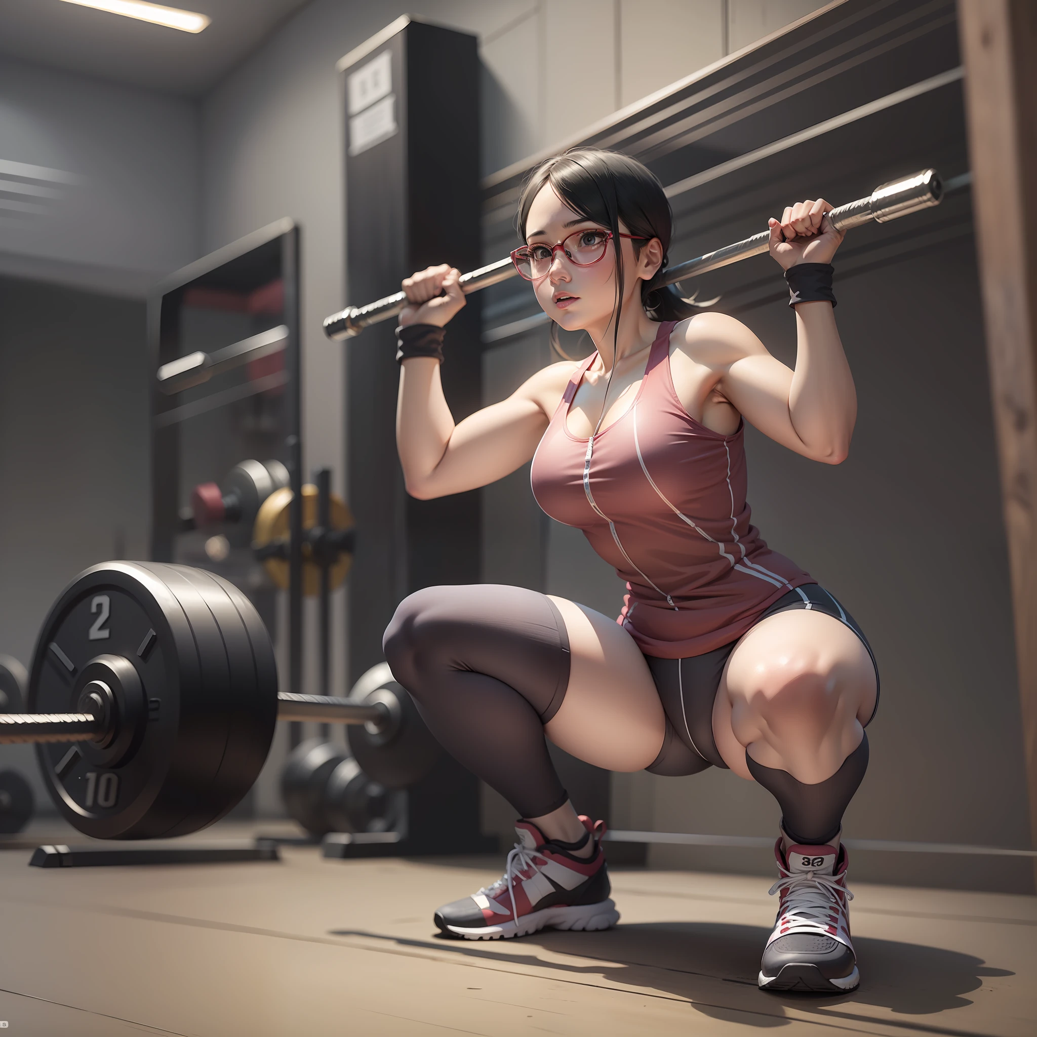 Sarada working out in the gym , gym clothes , water bottel , weight lifting , weight rack , masterpiece, great details, best quality , 8k , great illustration.