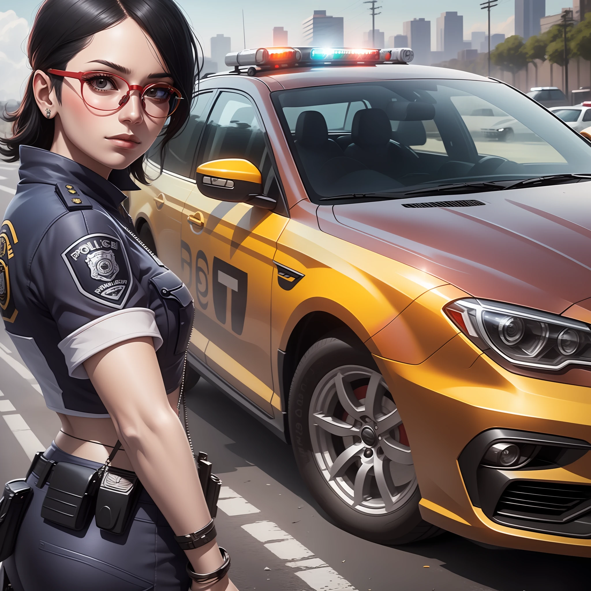 Sarada in  police uniform , sunglasses , police car , masterpiece , great details, best quality, 8k , great illustration.