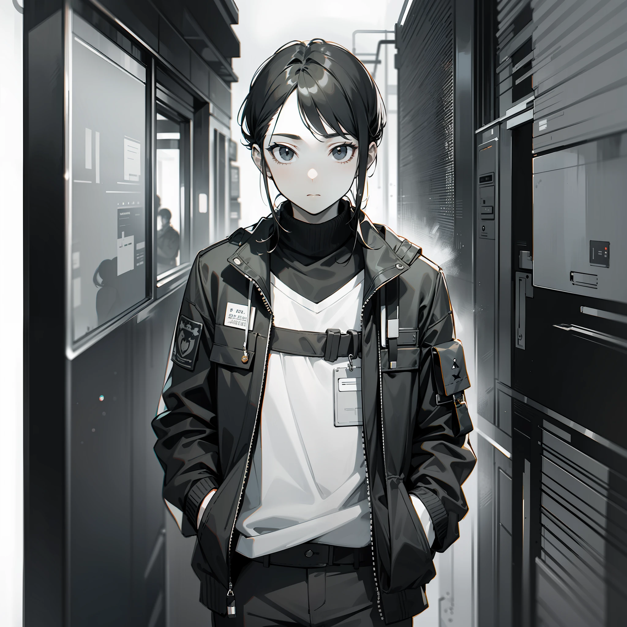 Masterpiece, Best Quality, 1man, Uniform, Hand Pocket, School Bag, Brunetette, Black Eye, Cyberpunk, Street, Monochrome, Line Drawing