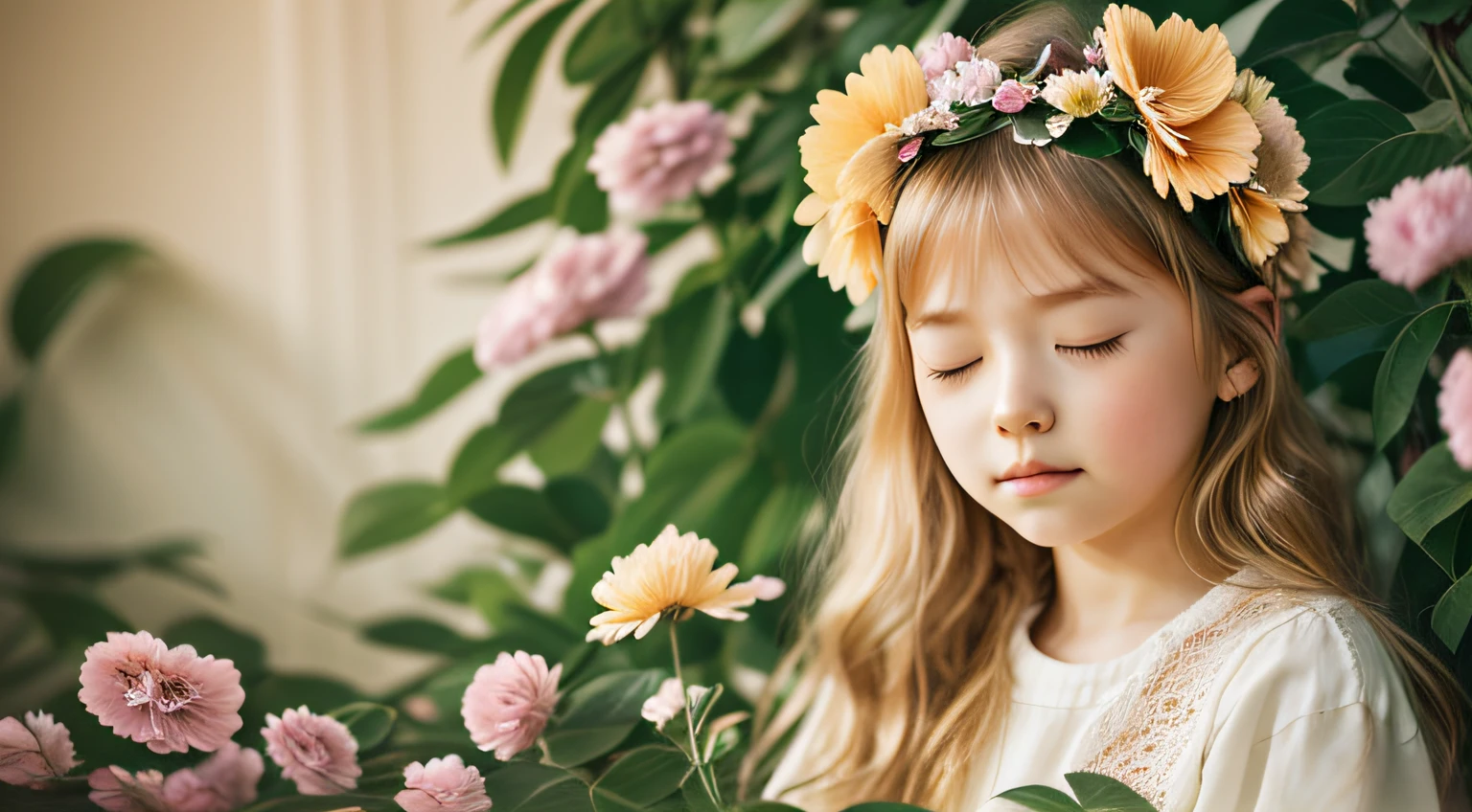 there is a young CHILD girl with a flower in her hair, beautiful languid princess, cute young girl, sleepy fashion model face, flower child, sleeping princess!!!!, girl with a flower head, beautiful young girl, beautiful young girl, beautiful young model, young woman with closed eyes, blond-haired princess, sleepy expression, beautiful girl, wearing a headband