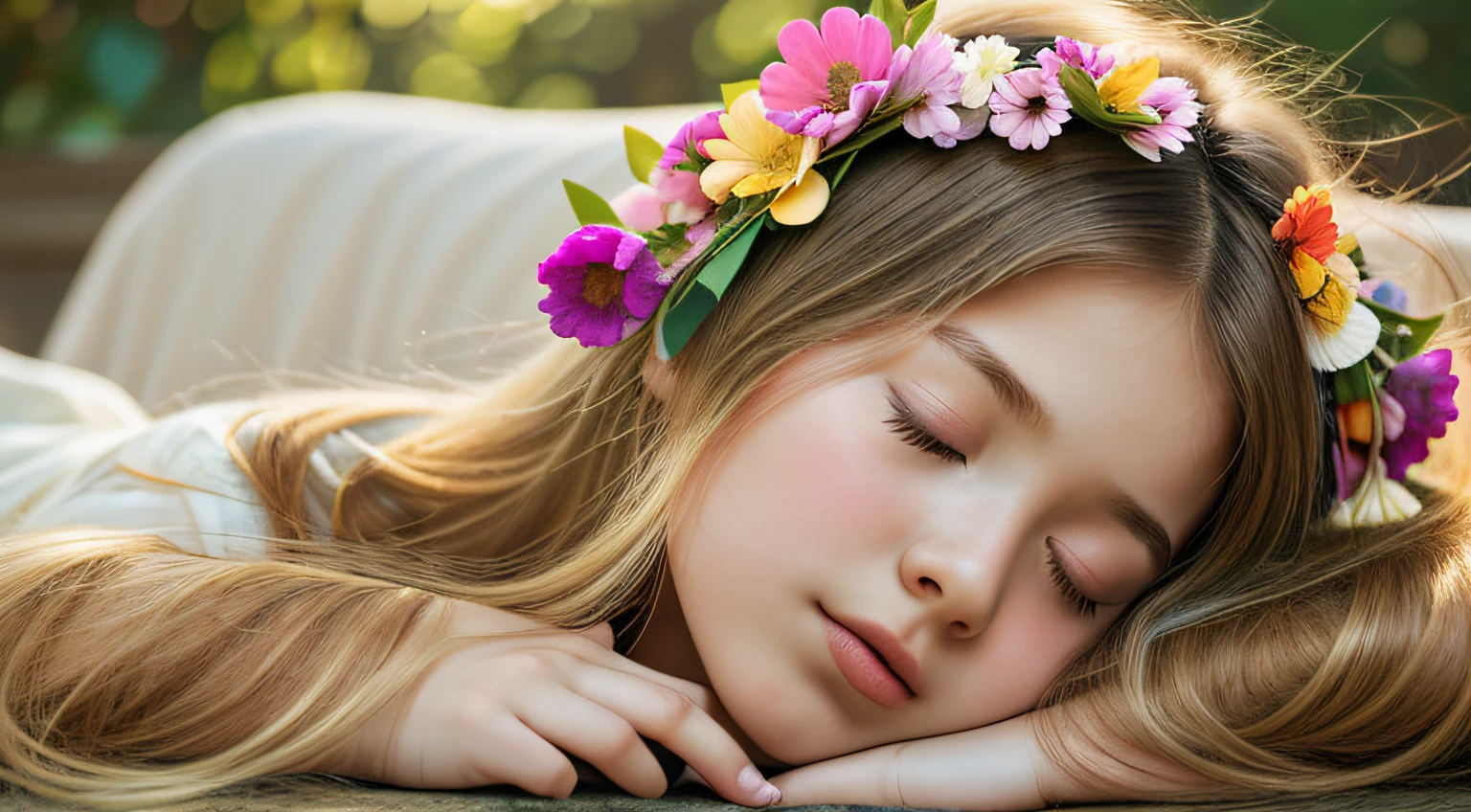 there is a young CHILD girl with a flower in her hair, beautiful languid princess, cute young girl, sleepy fashion model face, flower child, sleeping princess!!!!, girl with a flower head, beautiful young girl, beautiful young girl, beautiful young model, young woman with closed eyes, blond-haired princess, sleepy expression, beautiful girl, wearing a headband