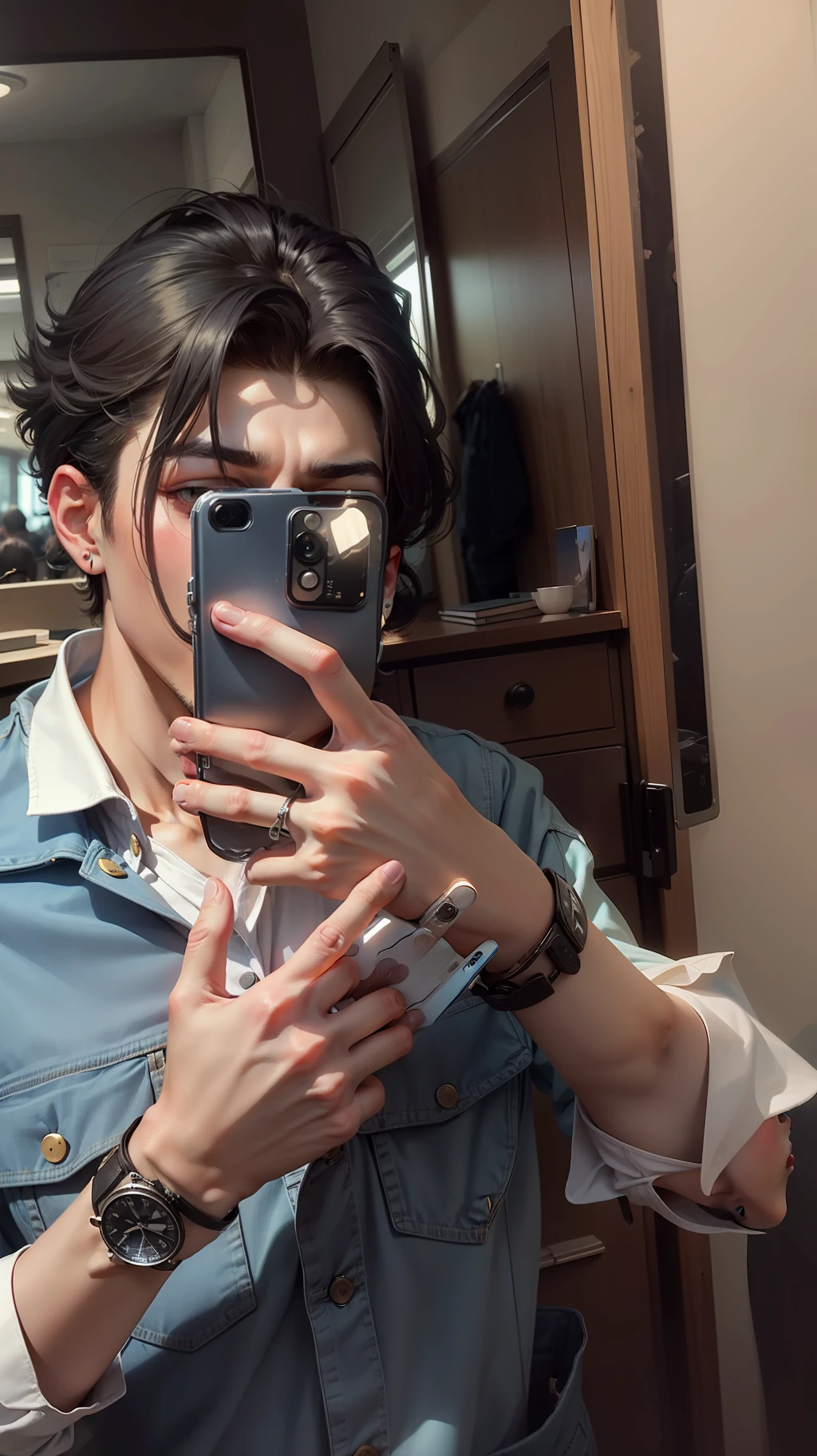 A boy with long hair falling both the sides, sharp jawline, and blue denim jacket with a white shirt inside, clicking mirror selfie.