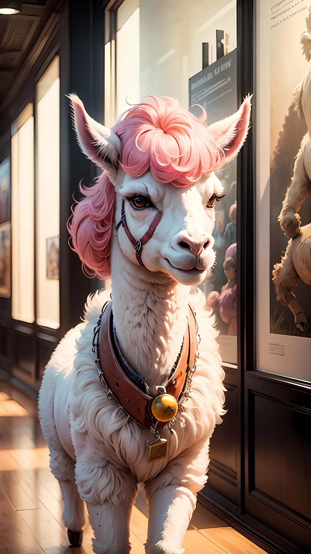 Pink llama with a fuzzy hairdo, positive energy, happy, octane, substance, art history museum 8k --auto