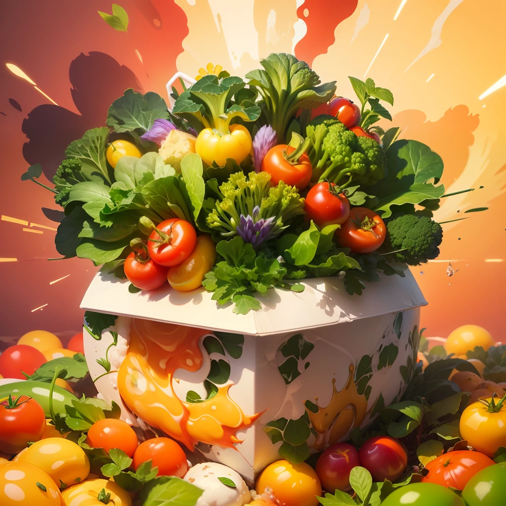 8K illustration of a realistic round white styrofoam marmitex filled with refreshing salads with lettuce,tomatoes,broccoli,cherry tomatoes,yellow peppers,green parsley stalk,mint leaves hyperrealistic wave of vegetables exploding out of it. Use vibrant shades of red, yellow, light green, dark green, red, purple, yellow waves to intricately represent splashes and explosions of paint, creating a scene full of energy and movement and explosion,8k --auto