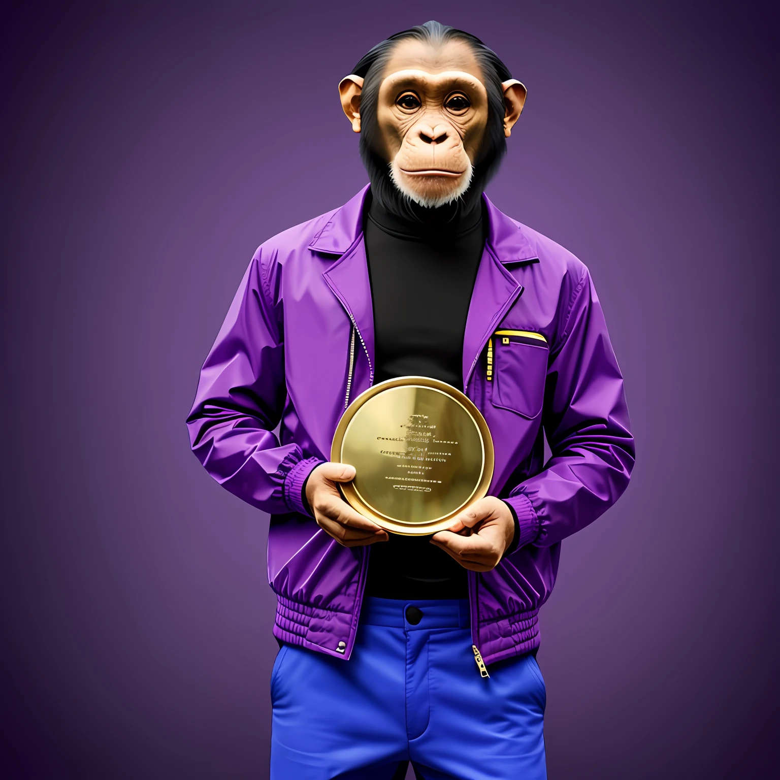 Chimpanzee dressed in happy purple jacket holding a trophy --auto