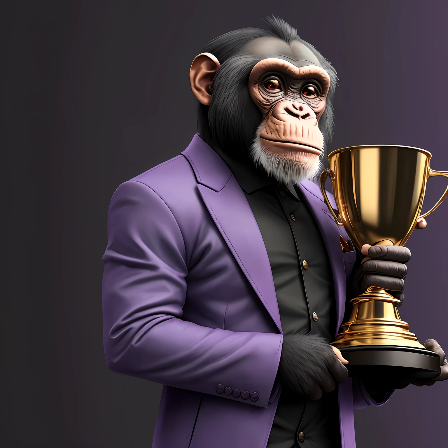 Stylish chimpanzee dressed in purple jacket holding a trophy --auto