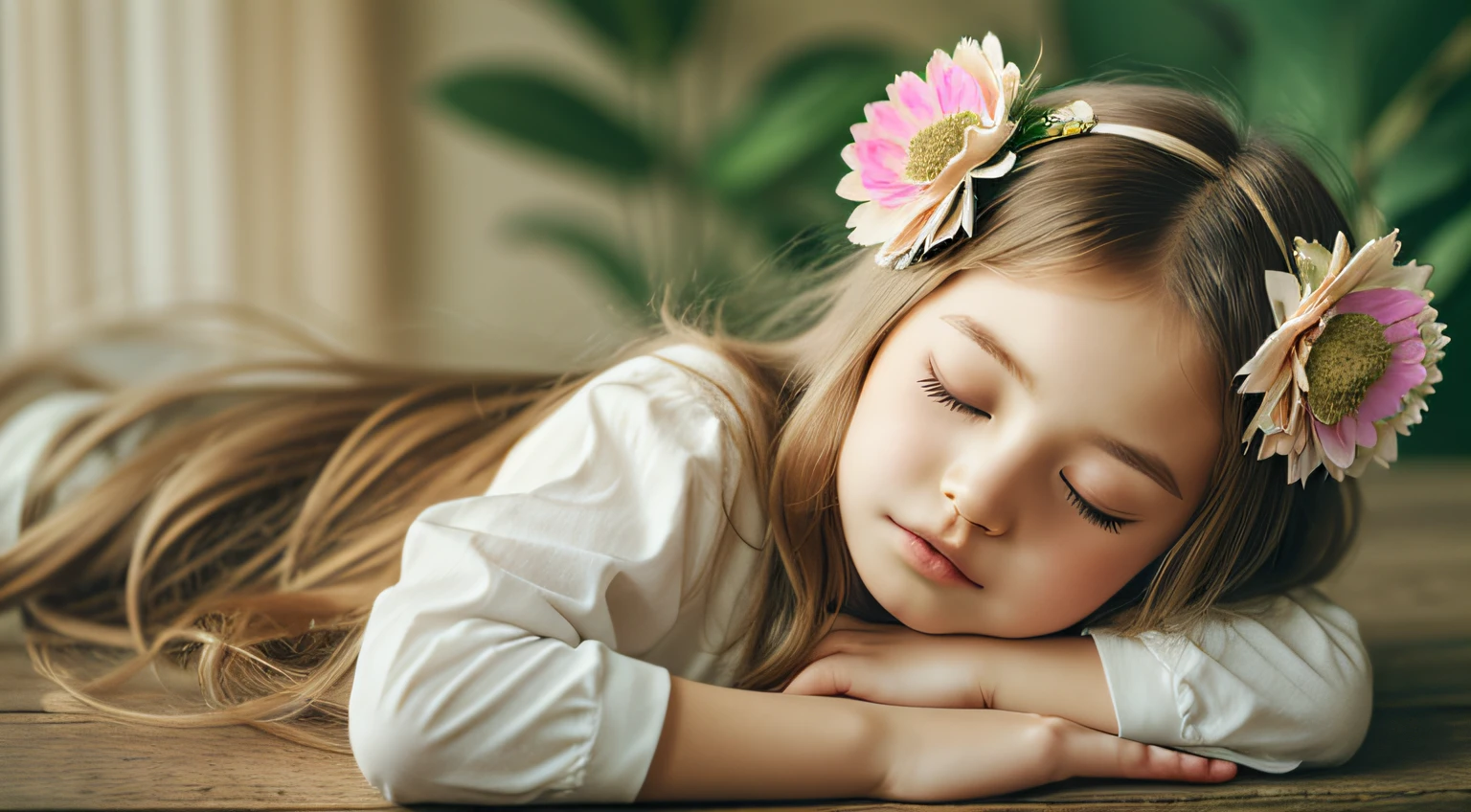 there is a young CHILD girl with a flower in her hair, beautiful languid princess, cute young girl, sleepy fashion model face, flower child, sleeping princess!!!!, girl with a flower head, beautiful young girl, beautiful young girl, beautiful young model, young woman with closed eyes, blond-haired princess, sleepy expression, beautiful girl, wearing a headband