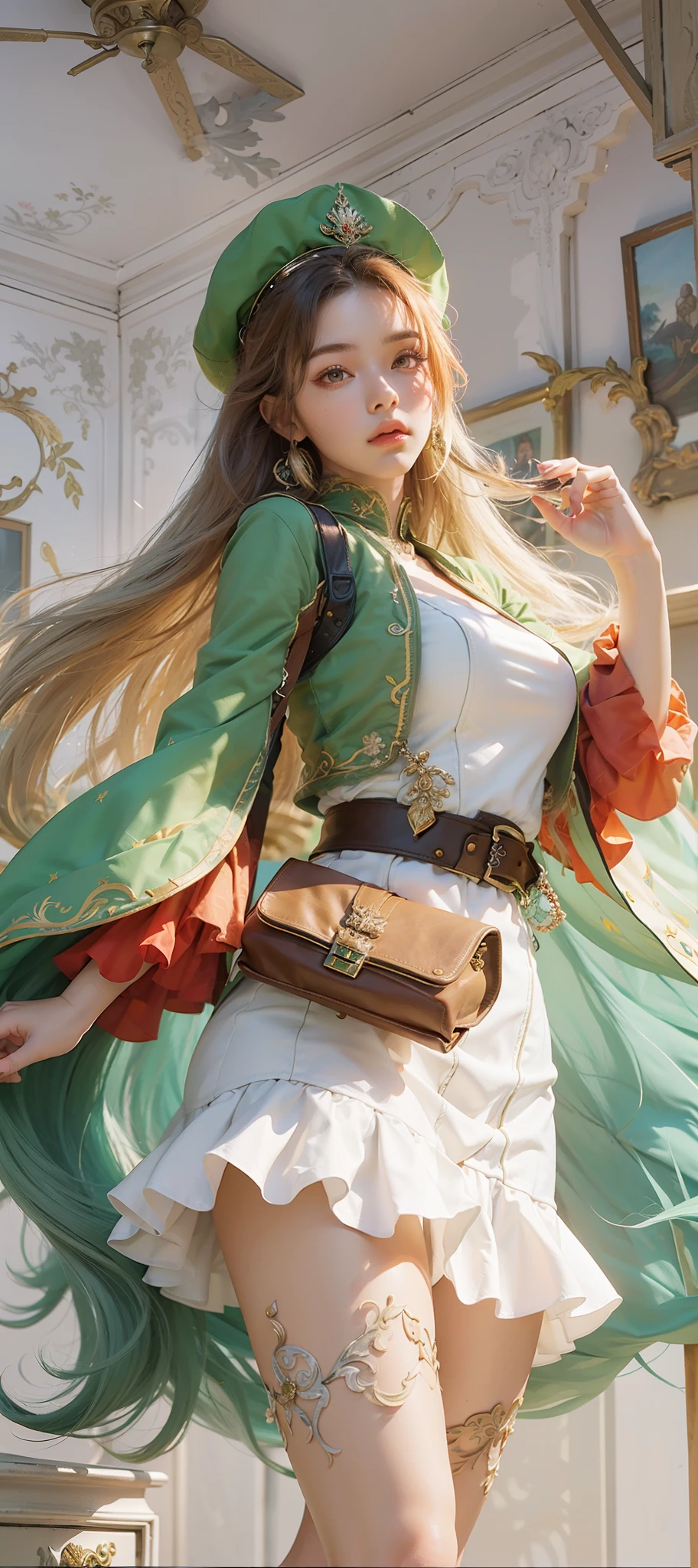 1girl, solo, game character, beautiful girl, cute girl, green and white clothes, magical, fantasy, extremely beautiful, stunning, top quality, masterpiece, realistic, hyper realistic, super detail, detailed clothes texture, detailed body shape, detailed skin texture, detailed background, detailed face