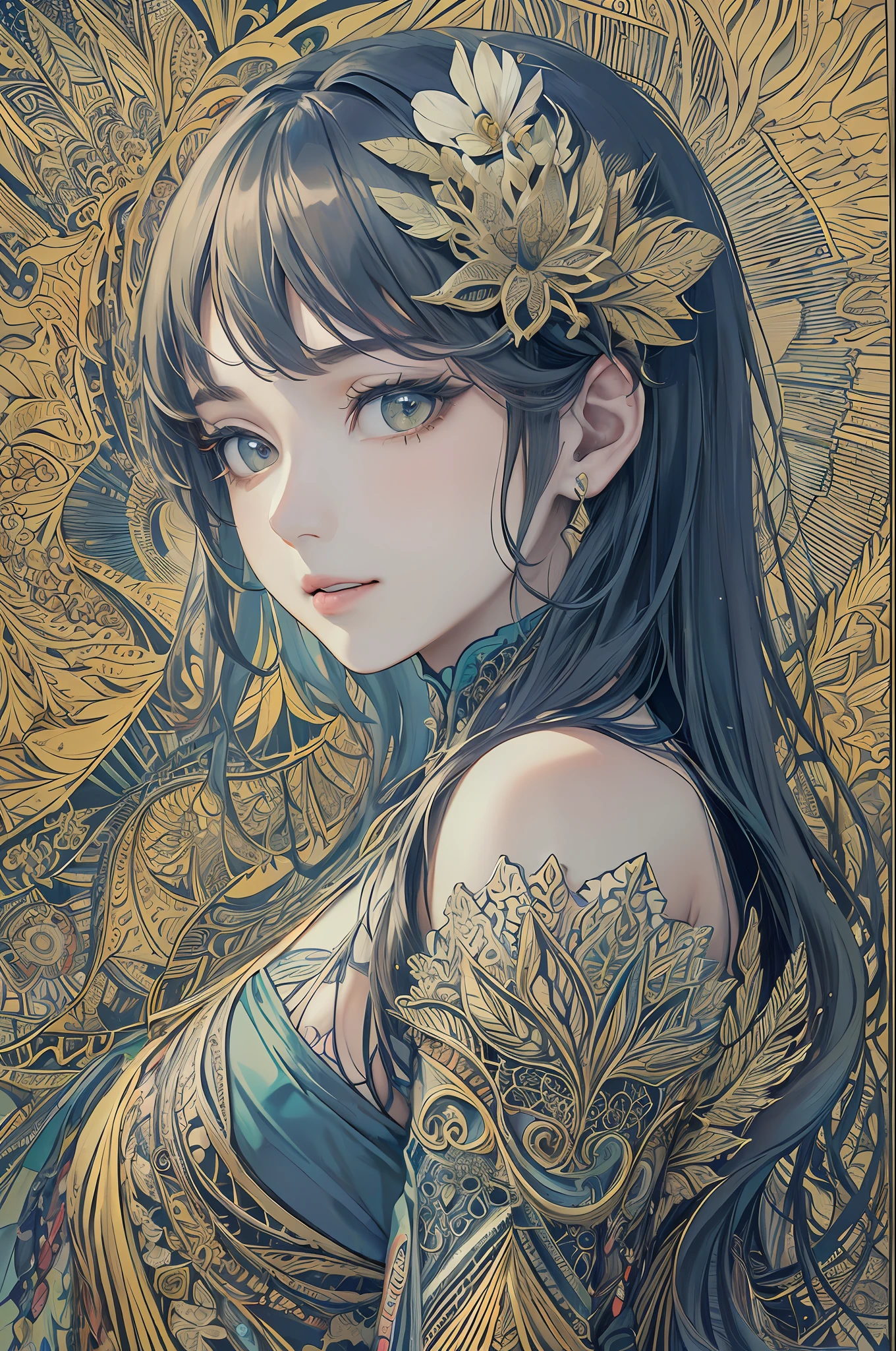 (a masterpiece of、beste-Qualit、beste-Qualit、Beautifully Aesthetic:1.2)、(One Girl:1.3)、The highly detailed、(Fractal Art:1.1)、(florals:1.3)、The most detailed、(Zentangle:1.2)、(abstract background:1.3)、(shinny skin)、(many colors:1.4)、、(耳Nipple Ring:1.4)、(Feathering:1.4)
