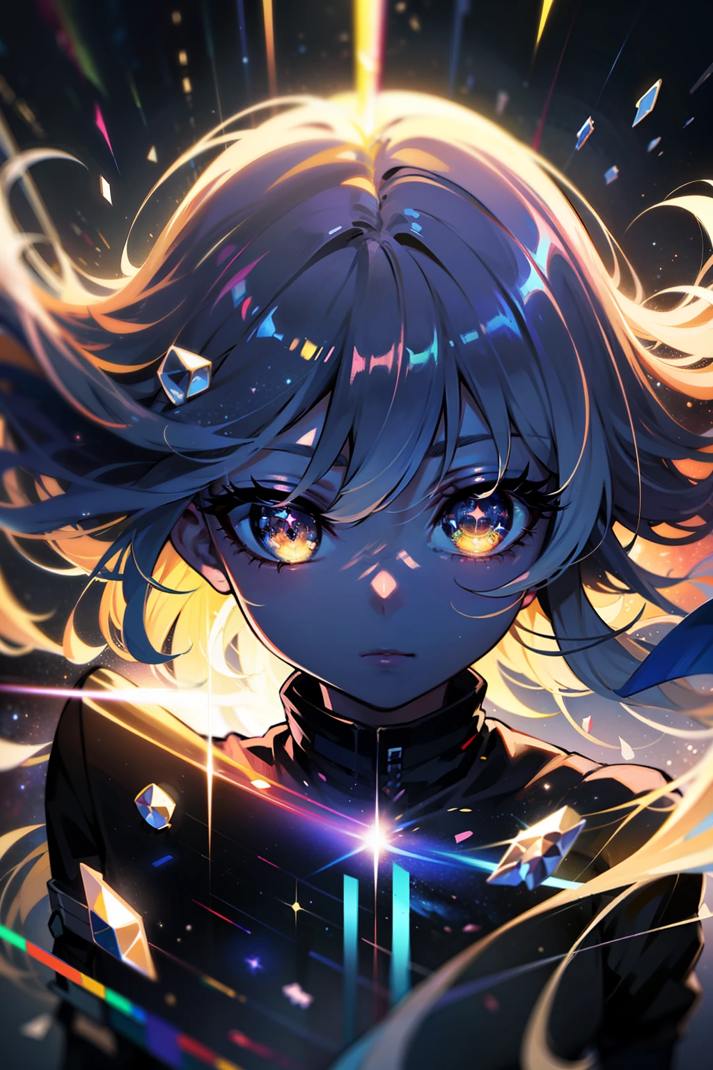8K, HDR, masterpiece, high resolution, ultra-detailed, epic lighting, detailed eyes, 1 girl, goddess, omnipotent human, floating in space, sparkling eyes, glowing eyes, long hair, space body, galaxy inside the body, multiple galaxies inside the body, transparent body, light particles, distant view, outer space, distant space, galaxy, stars, supernova, solar system, Milky Way, multiple galaxies, fragments, An embodiment of the multiverse.