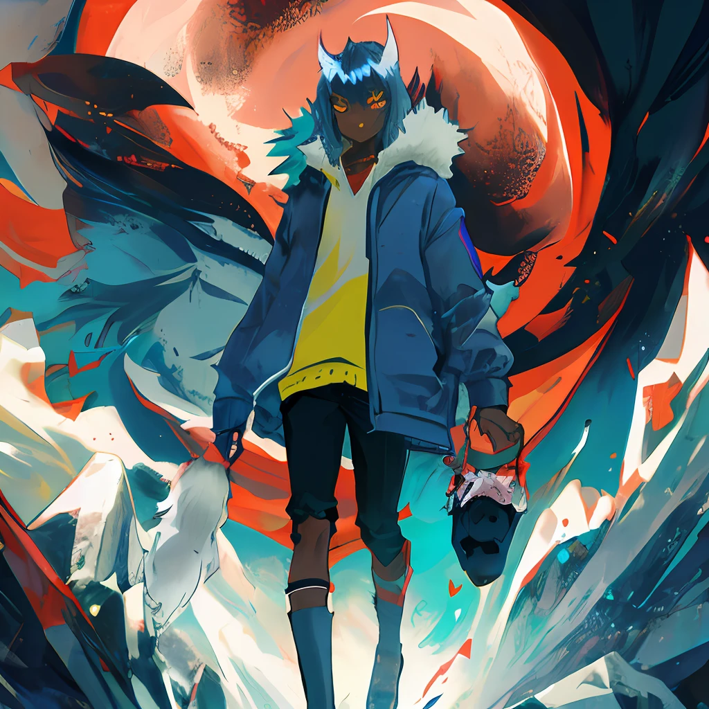 Wolf girl,dark skin,demon horn,big clawns,futurist,anime