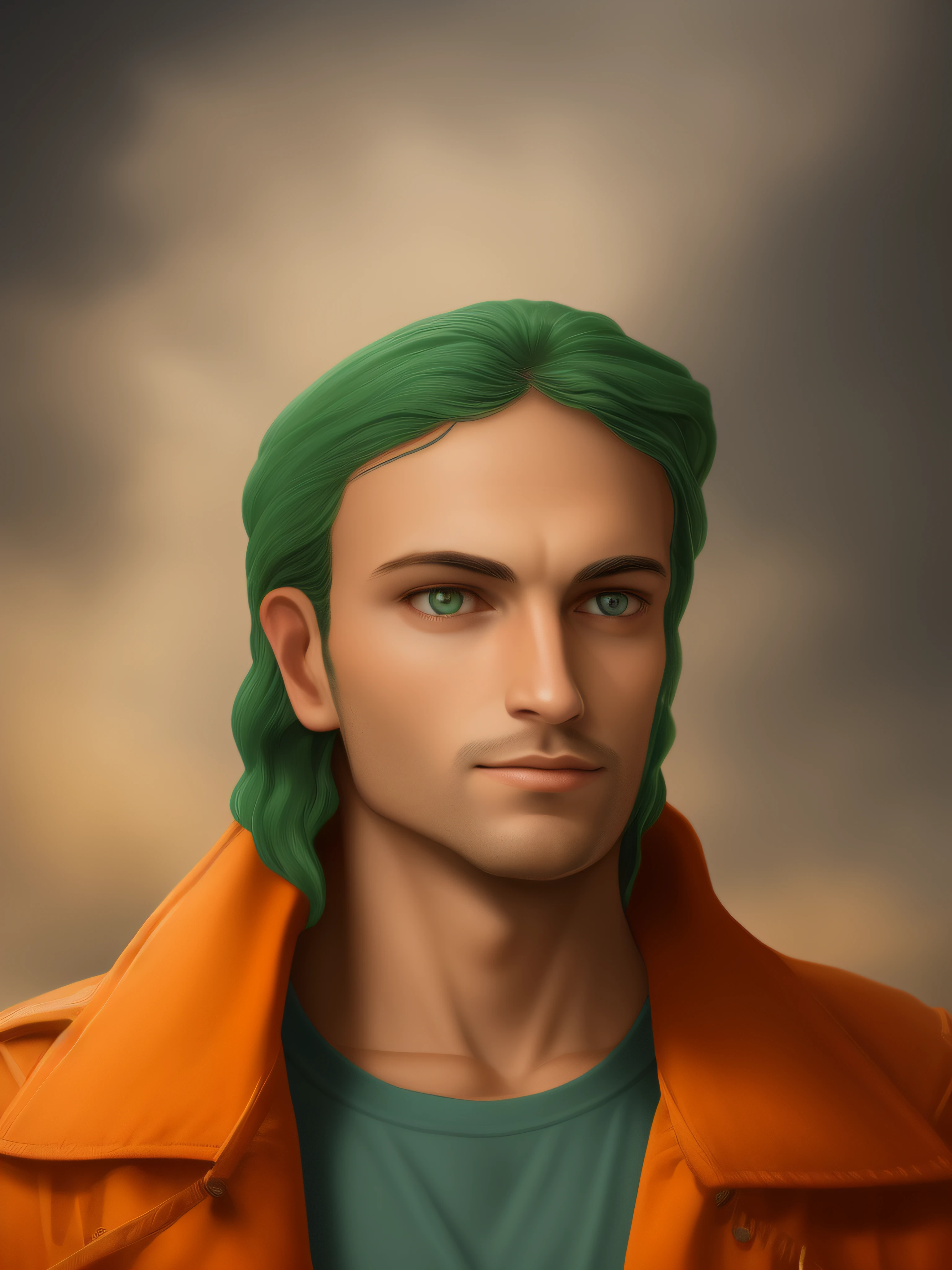 um homem, barba castanha, cabelo escuro, olhos claros, olhando para o espectador, looking-into-camera, jaqueta laranja, orange jacket, inspirado em retrato de Jesus Cristo, portrait of bedouin d&d, foto realista, hiper realista, 8k, alta qualidade, fundo verde, profundidade de campo