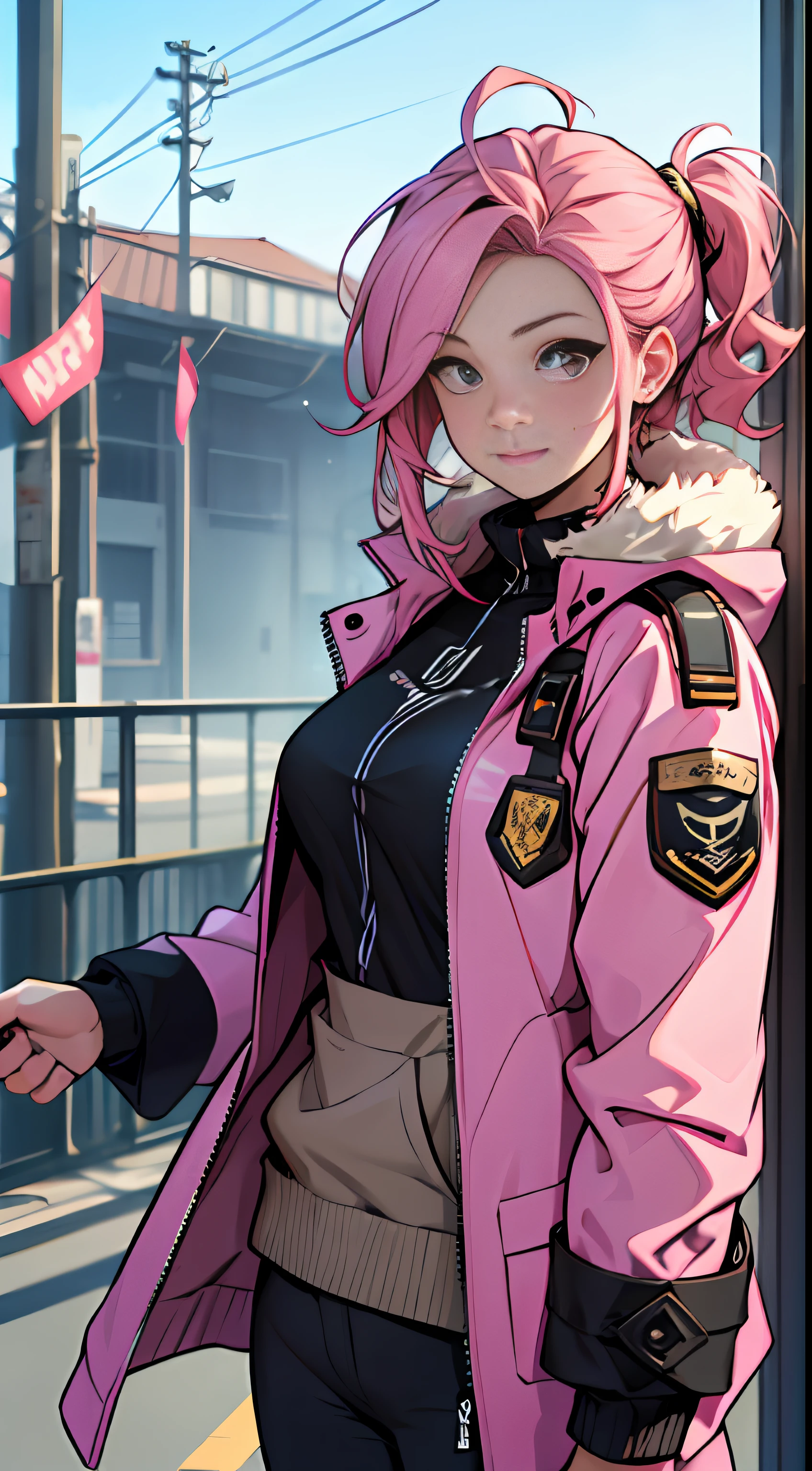 32K, Best quality, 巨作, Super detail, High details,A female captain with pink hair and a pink coat,A look of surprise