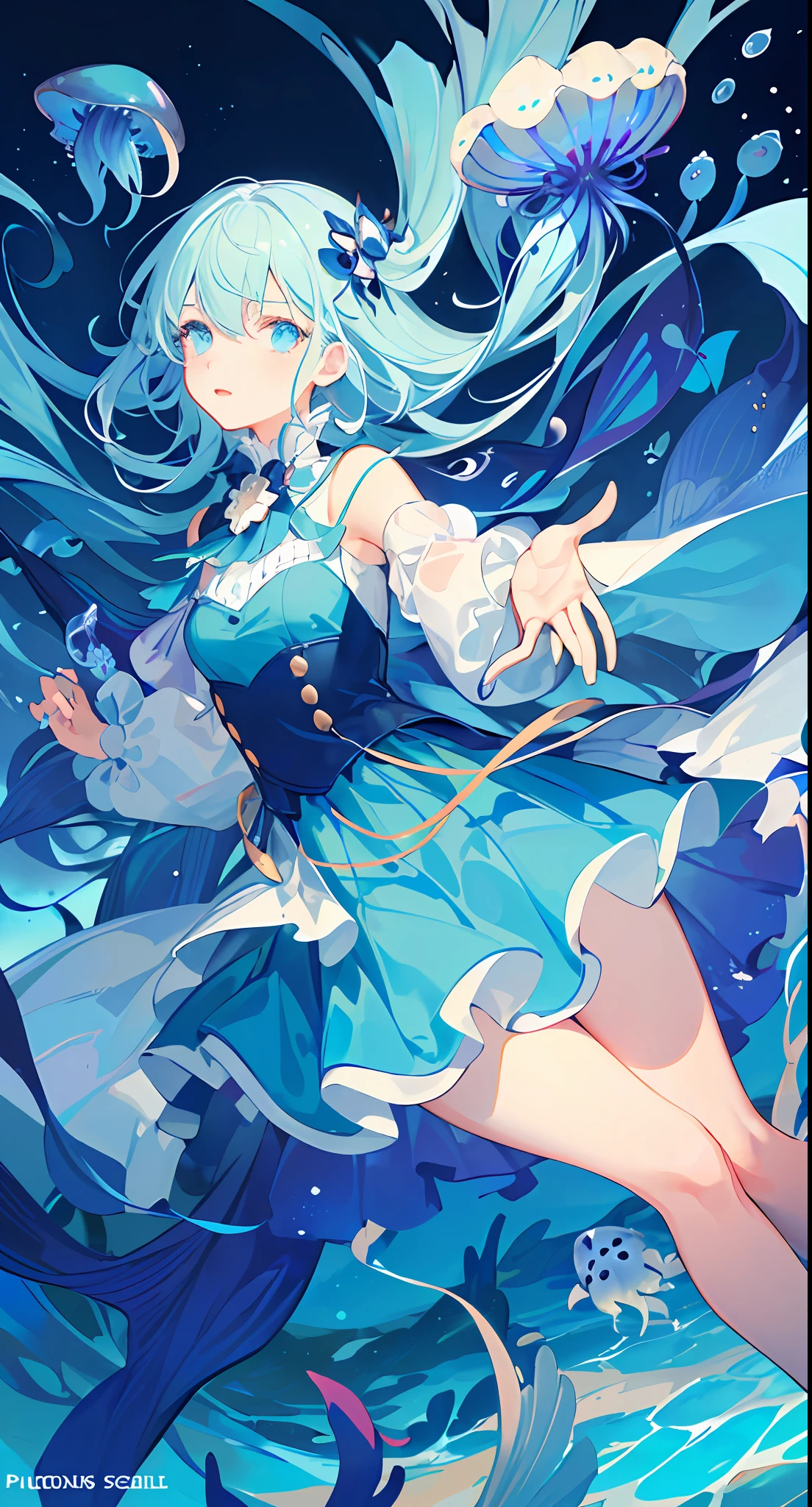 ((masterpiece,best quality)),(negative space:1.2),(1girl, solo:1.4),beautiful detailed eyes,floating hair, underwater, bubble, fish, (jellyfish), fluorescence,sea turtle, seaweed,