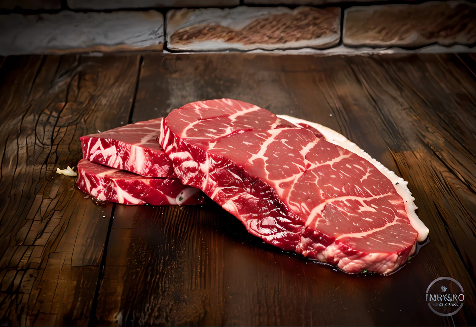bifes arafed em uma mesa de madeira com uma parede de tijolos no fundo, carne de vaca, carne com veios, red meat shreds, veios de carne, carne, Steak, ground red meat, Carne, carne suculenta, wet shredded red meat, Directed by: Julian Hatton, assunto completo mostrado na foto, Foto de Stock, Cinzelado, iStock, carne suada, Imagem de Stock