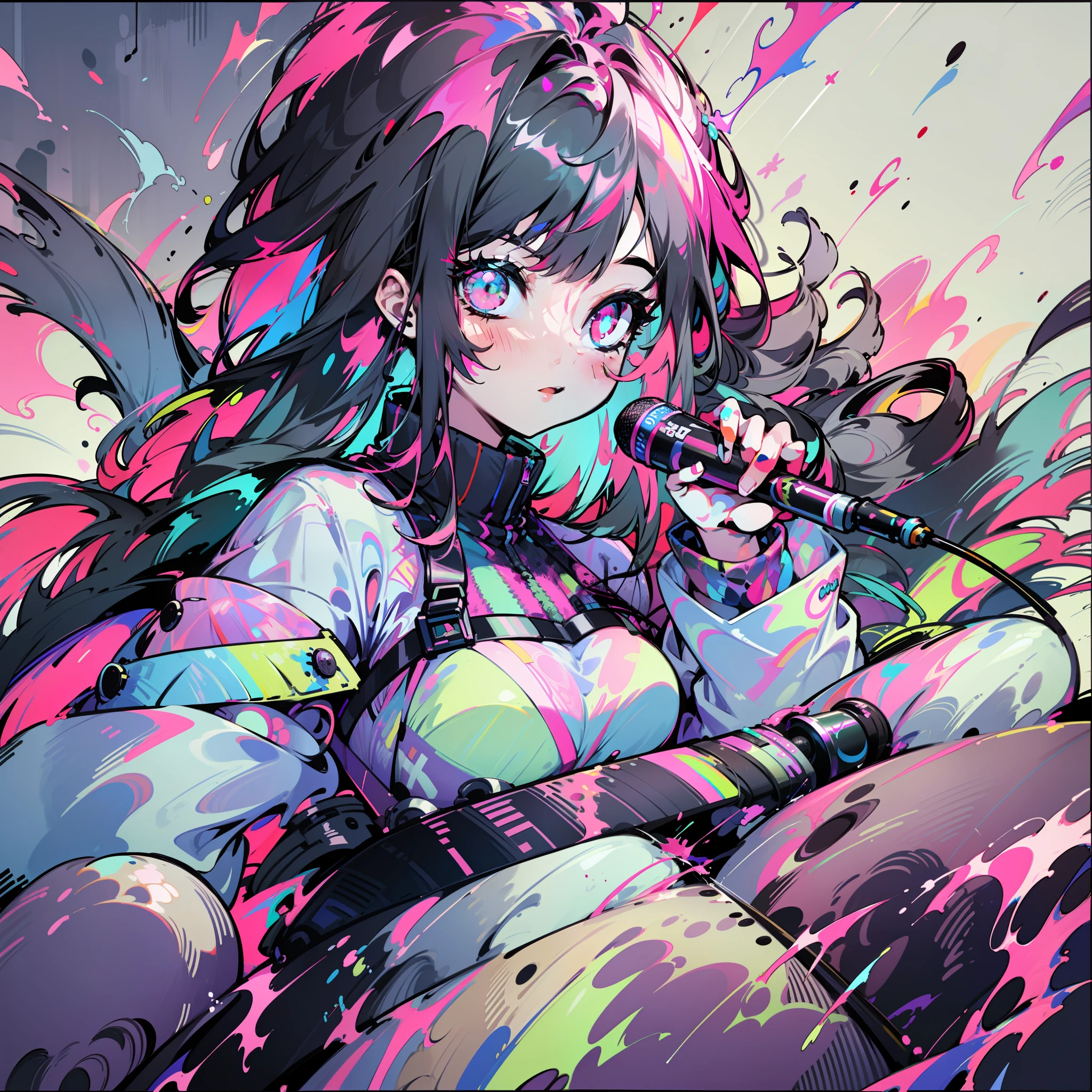 Colorful splash in background and foreground、beste-Qualit、Top image quality、(((Hyper Detail)))、Photoreal Stick、long hair of white and black and pink color,、Singing Beautiful Girl、microphone、Music、Big speakers、Colorful mandalas、Colorful splashes、frilld、Casual Fashion、Colorful Noise、Dynamic、animations