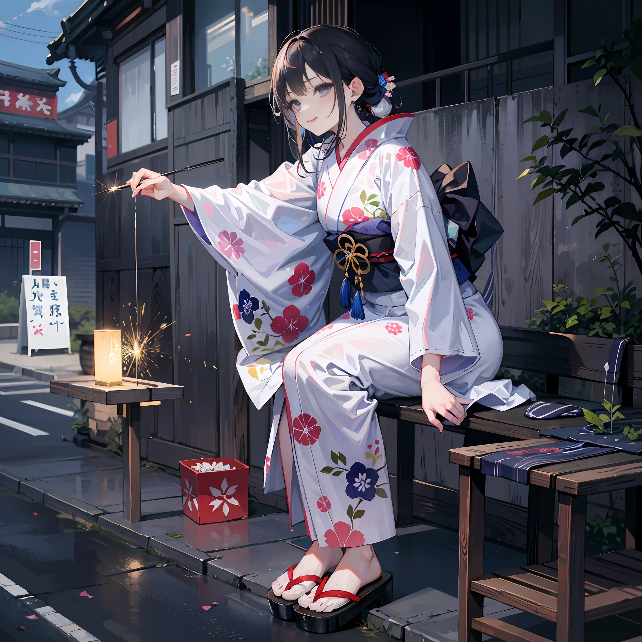 (a masterpiece of、beste-Qualit:1.2)、ultra hyper-detailed、lighting like a movie、Beautiful woman with sparkler、a smile、Woman in kimono sitting on bench, bath robe, classy yukata clothing, Wearing a colorful yukata, in a kimono, Wearing a kimono, japanese kimono, in a kimono, Komono, wearing a haori, Yukata with morning glory pattern, A Japanese style, Wearing kimono,