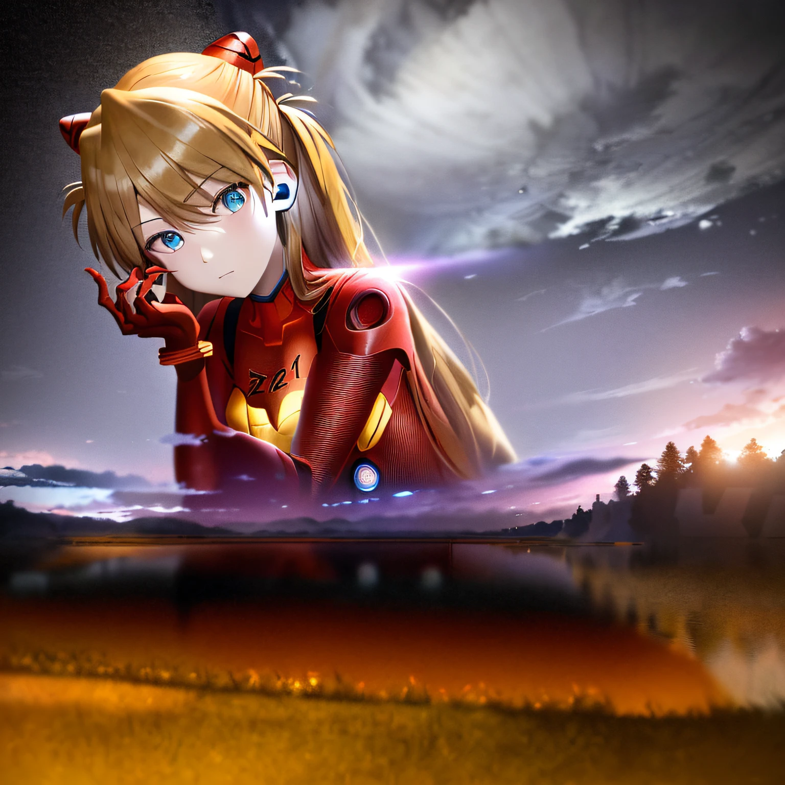 (Overhead View),Dynamic Angle,Super Detail, Illustration, Close Up, Straight On, One Girl,
 (((Souryu Asuka Langley, Interface Headset, Red Bodysuit: 1.4, Blonde)), her eyes shone like a dreamy star, (Shining eyes: 1.233), (Beautiful and detailed eyes: 1.1), (expressionless, closed mouth), (standing),
(mechanic room white spaceship with windows of tools spacecraft),
(night: 1.2), dreamy, [[Delicate fingers and hands: 0.55]::0.85], (detail fingers),