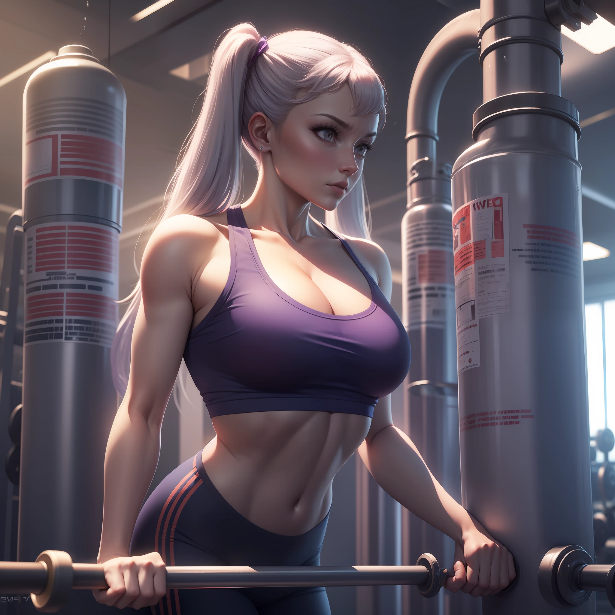 Noelle silva working out in the gym , gym clothes , water bottel , weight rack , masterpiece, great details, best quality , 8k , great illustration.