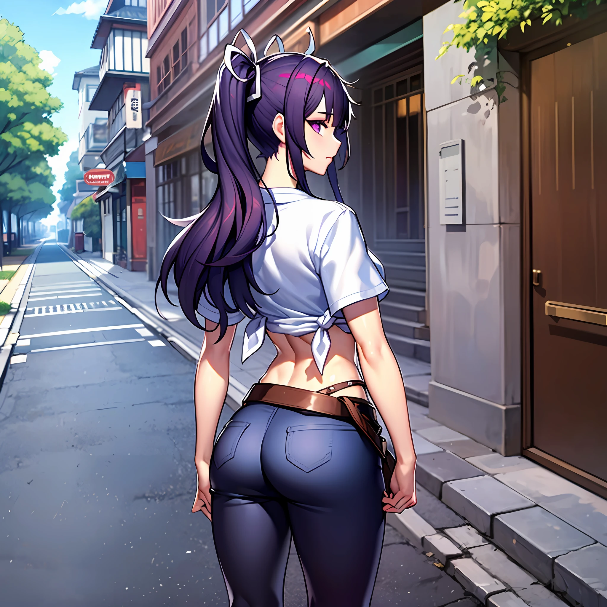 a masterpiece of、beste-Qualit、Hi-Res、kaori1、女の子1人、独奏、Scabbarded、Asymmetrical clothing、navel、Purple Eye、extra very long hair、Tied shirt、abdominals、Hair ribbon、Single Pants Leg、White shirt、poneyTail、black-haired、hugetits、JINS、White ribbon、brown belt、purple color  hair、Asymmetrical legwear、s ass、from behind and be、is standing、plein air、high street　the ocean