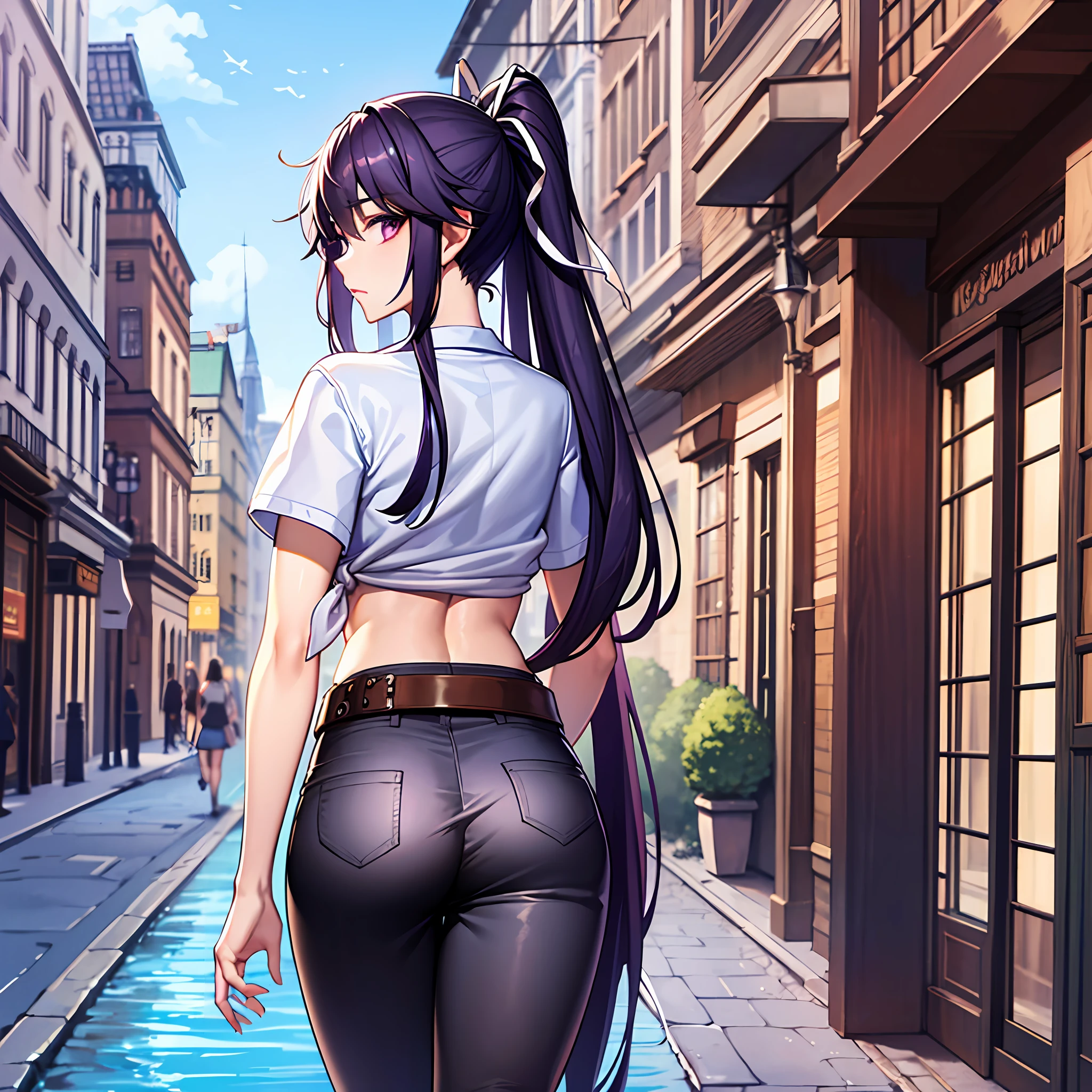 a masterpiece of、beste-Qualit、Hi-Res、kaori1、***1人、独奏、Scabbarded、Asymmetrical clothing、navel、Purple Eye、extra very long hair、Tied shirt、abdominals、Hair ribbon、Single Pants Leg、White shirt、poneyTail、black-haired、hugetits、JINS、White ribbon、brown belt、purple color  hair、Asymmetrical legwear、s ass、from behind and be、is standing、plein air、high street　the ocean