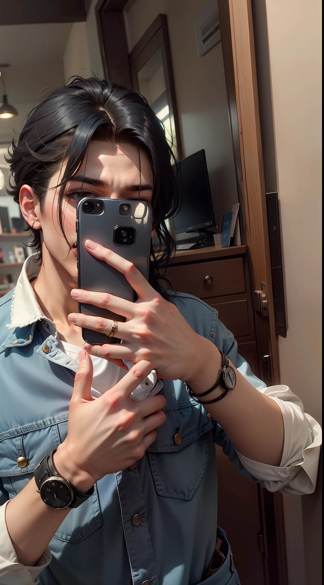 A boy with long hair falling both the sides, sharp jawline, and blue denim jacket with a white shirt inside, clicking mirror selfie.