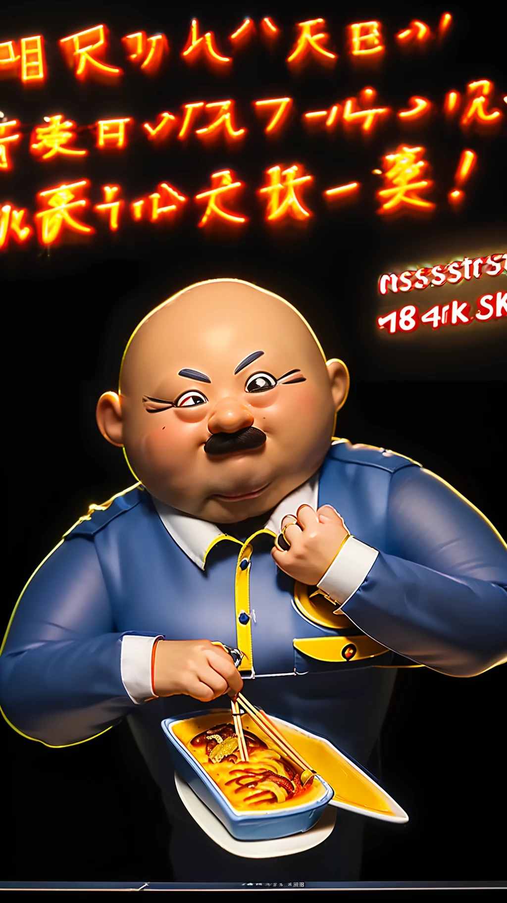 (8K、4K、Top image quality、A high resolution:1.2)、(Masteristic、realisitic、photoRealstic:1.37) 、Fat bald-headed guard、Yakisoba、chopstick、Hsin-tei