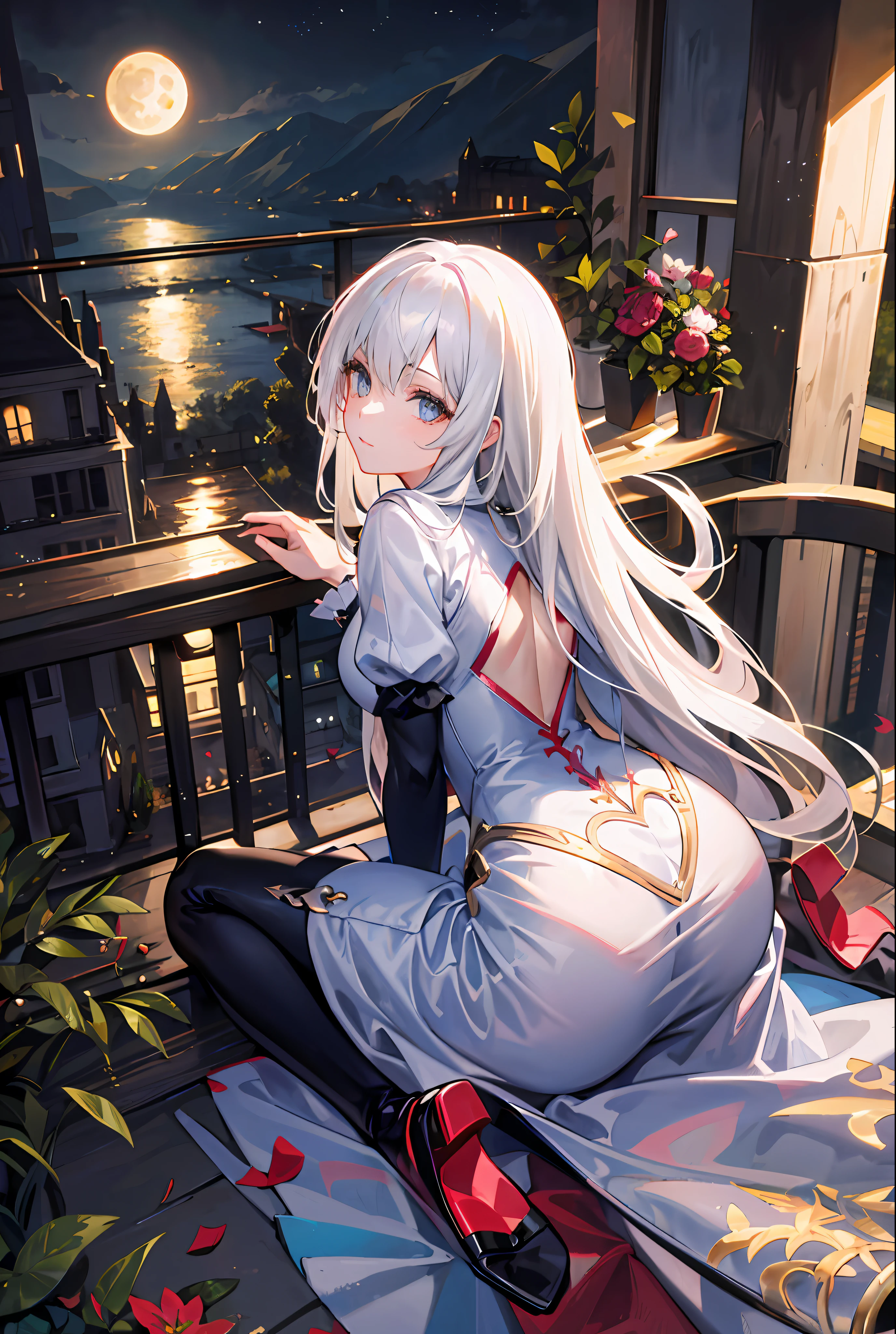 (best quality:1.3),(masterpiece:1.1),(illustration:1.2),(ultra-detailed:1.2),beautiful detailed eyes,(Gothic:1.2), (Extremely detailed background:1.1),(forest:1.2),(mountain), night, moon,castle on the distant mountain, (bent over:1.3),(butt:1.2),looking back, (raise butt:1.2),(close to the butt:1.3), (1girl in Balcony:1.4),Balustrades on balcony,(wariza:1.2),(sitting:1.3) (1girl:1.3),(solo:1.3),(white hair),(long hair:1.1),full body,black stocking, tulle,dress,Bodysuit,back cutout,clothing cutout,
