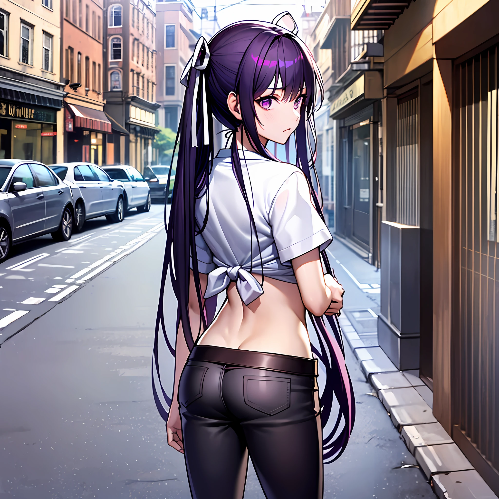 a masterpiece of、beste-Qualit、Hi-Res、kaori1、1人、独奏、Scabbarded、Asymmetrical clothing、navel、Purple Eye、extra very long hair、Tied shirt、abdominals、Hair ribbon、Single Pants Leg、White shirt、poneyTail、black-haired、hugetits、JINS、White ribbon、brown belt、purple color hair、Asymmetrical legwear、s ass、from behind and be、is standing、plein air、high street the ocean