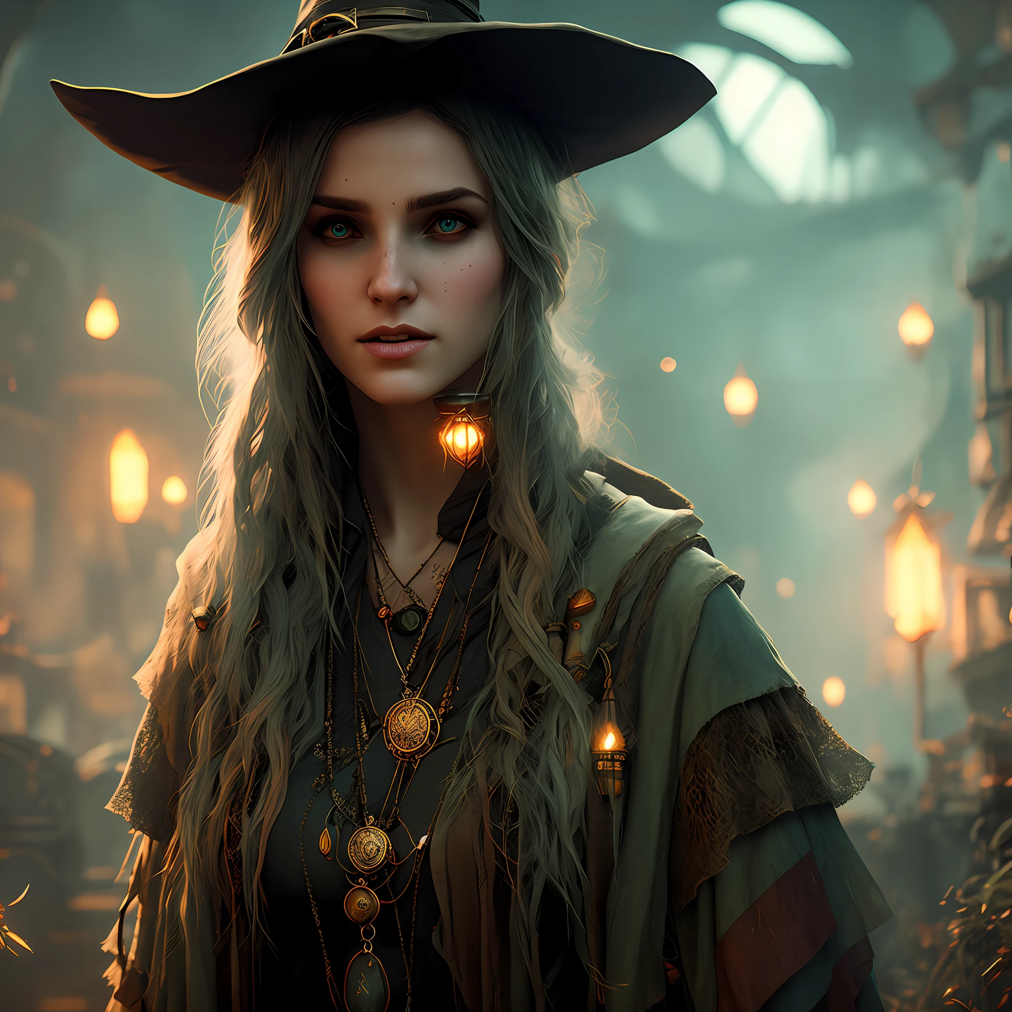Realistic witch, Atomic Heart, game style, cyber atmosphere, 4k ultra, epic realistic, faded, ((neutral colors)), art, complex background, rutkowski