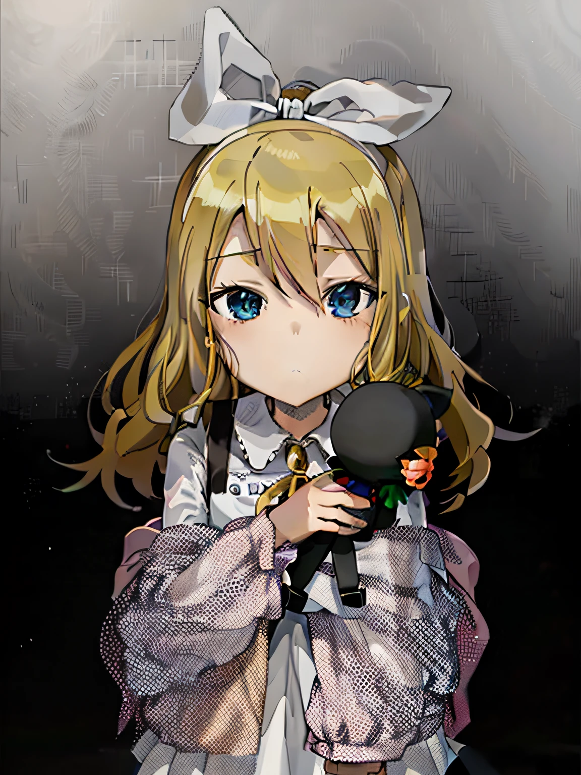 Anime girl holding doll and white dress on her arm, yume nikki, the anime girl is crouching, kagamine rin, made with anime painter studio, Fifth personality little girl image, gapmoe yandere, Loli, Safebooru anime image, kirisame marisa, with huge luminous sad eyes，blone hair --auto