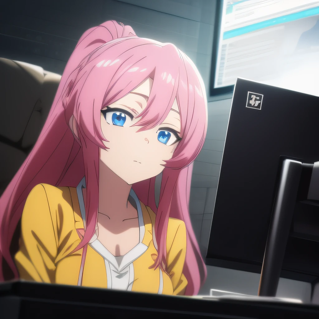 Uma jovem anime sentada em uma mesa com um computador e um monitor na empresa KiraNeko, with an exceptional artistic touch. Modelagem 3D detalhada e realista, HDR lighting, ray-tracing e nanites adicionam profundidade e realismo a esta cena. The impeccable finish promotes professional lighting to create an engaging and pleasant environment, pele detalhada, cabelo detalhado, olhos detalhados, Detailed irises
