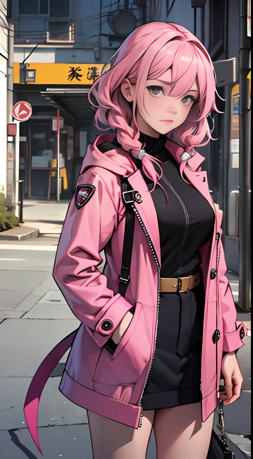 32K, Best quality, 巨作, Super detail, High details,A female captain with pink hair and a pink coat，A look of surprise