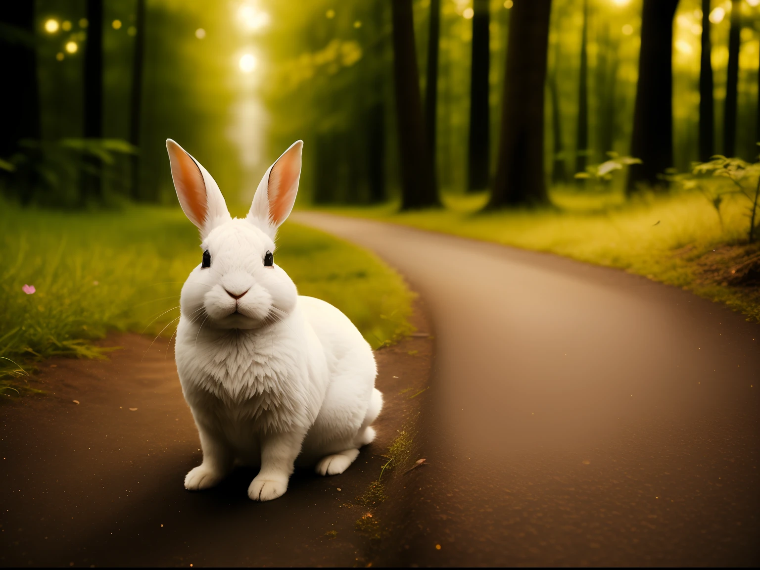 Close up photo of a rabbit in enchanted forest, clean background, depth of field, large aperture, photography, night, fireflies, volumetric fog, halo, bloom, dramatic atmosphere, center, rule of thirds, 200mm 1.4f macro shot