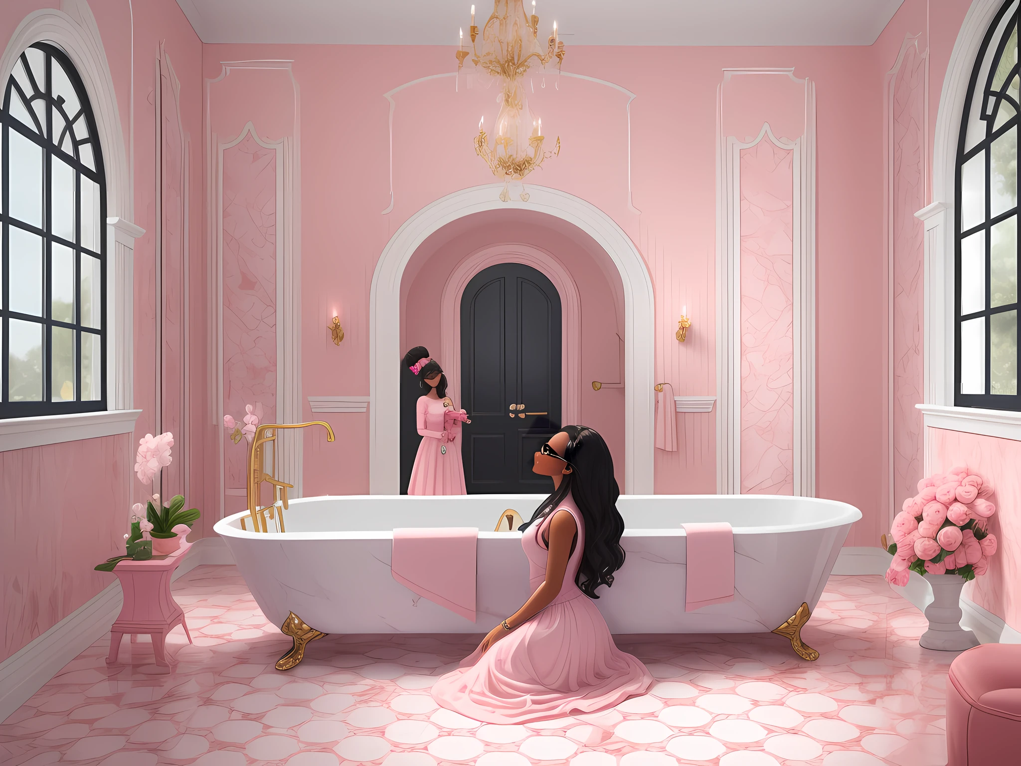 Promo shoot of a interior on bath of Barbie house, detailed and intricate interior bath, white and pink tiles on wall, pink marble on floor, huge light pink bathtub with black barbie with it, black woman dressed in pink clothes and sunglasses lying in light pink bathtub, bubbles in the air, rim light
