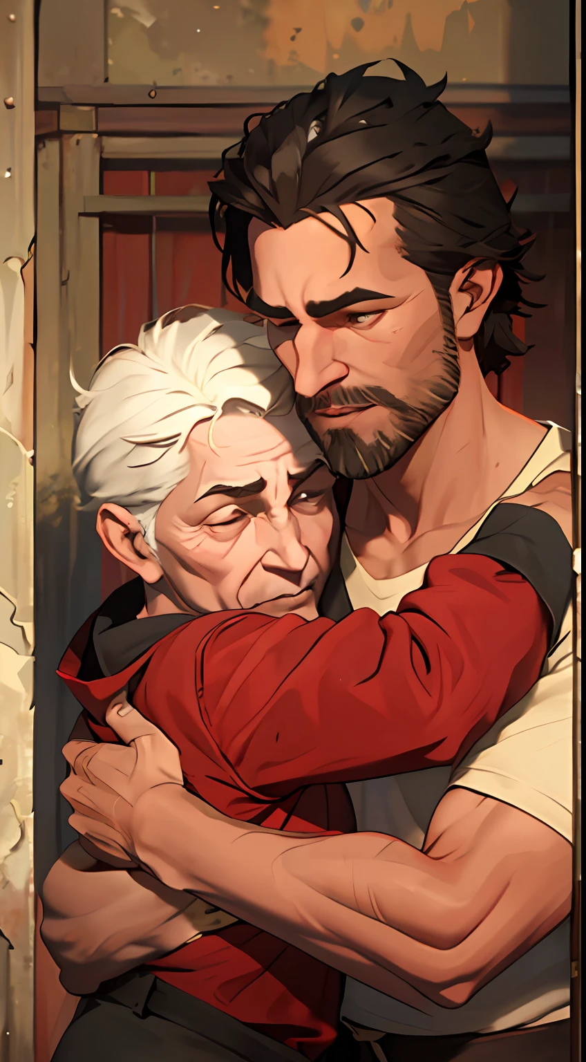 velho de cabelo branco de barba branca , Farmer's clothes in his 60s hugs his son about 35 years old dark hair, roupas modernas da cidade com um olhar triste, chorando, (arrepedindo) (felicidade no reenconctro)